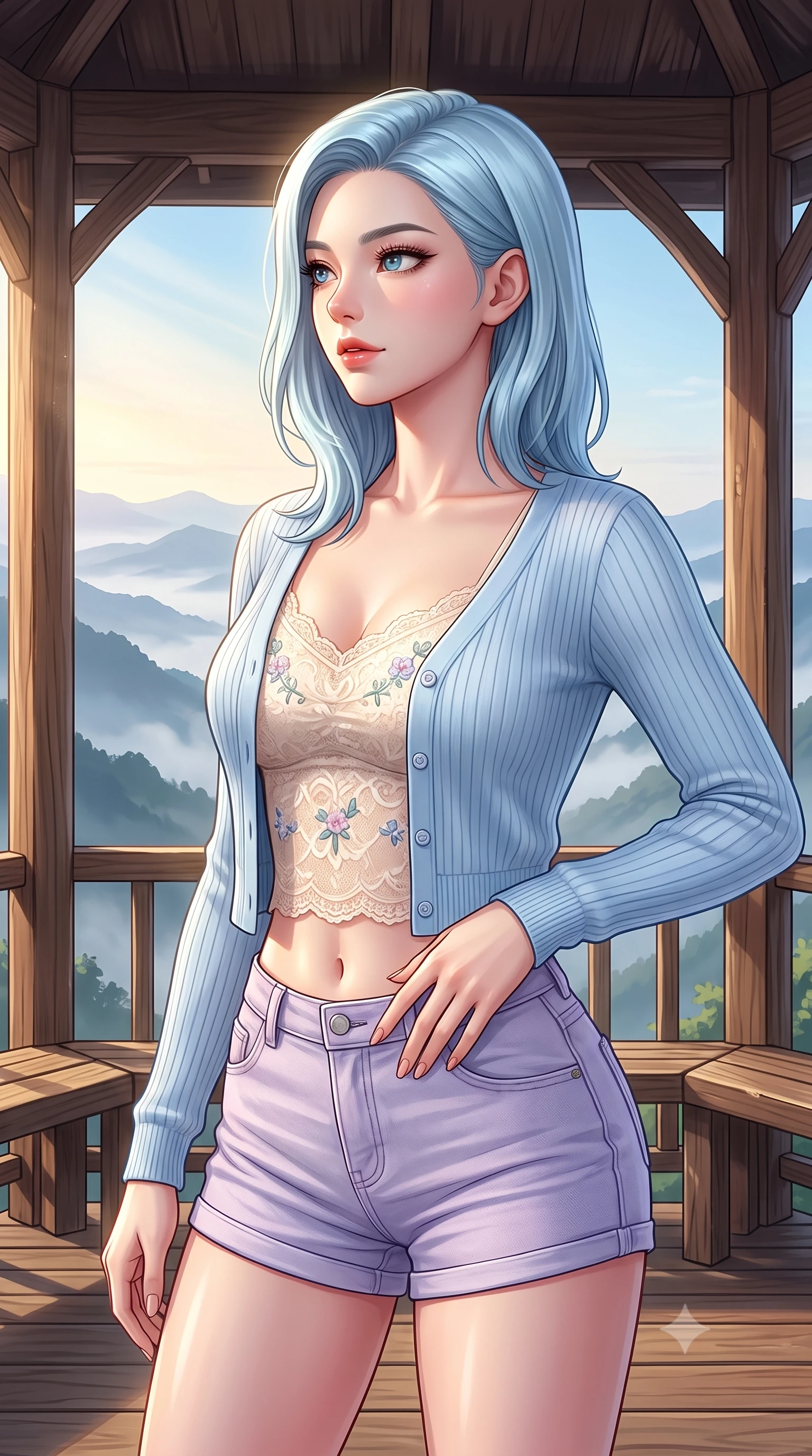 score_9, masterpiece, best quality, ultra-detailed, high-budget anime keyframe, semi-realistic 3D game render, editorial fashion photography, tasteful artistic composition, Korean woman. close-up cowboy shot from the waist and thighs up, the character dominates the composition, filling the frame with her large presence. resting one hand lightly on her waist while casting a charming, captivating side-gaze with thick eyelashes while gazing across layers of misty mountain ridges with sparkling, hopeful eyes and a radiant expression. The surrounding environment is rendered in vivid detail and crisp panoramic clarity. layered mountain silhouettes, rustic wooden gazebo details, and clear dawn skies in panoramic clarity. She has an exceptionally elegant, slender, and willowy female figure with an ultra-slim waist, a gracefully sculpted slender torso, toned flat midriff, and a refined slim silhouette. sharp v-shaped jawline, high-bridge nose, intricate jewel-like eyes with depth, thick eyelashes, glossy lips with a natural sheen, pure and lovely fresh girlhood expression, flawlessly proportioned anatomical accuracy, strict slender model proportions, natural body alignment, perfectly sculpted long slender limbs, ultra-slim waistline, clean dynamic posture without body distortion. wearing a soft pastel ribbed knit cardigan worn over a delicate cream lace camisole and light-wash denim shorts in soft pastel lavender and delicate sky blue, made of fine lightweight chiffon with a soft fluid drape, complemented by subtle floral embroidery along the neckline and hem, the chic real-way fashion cut emphasizing her effortless charm, flat midriff, and slender model proportions. illuminated by gentle morning sunbeams casting a warm, dewy glow on her skin and attire. highly saturated vibrant anime colors, detailed shading with soft gradients, rich glossy textures, high-contrast stereoscopic depth, volumetric dynamic lighting, master piece, 9:16 ratio