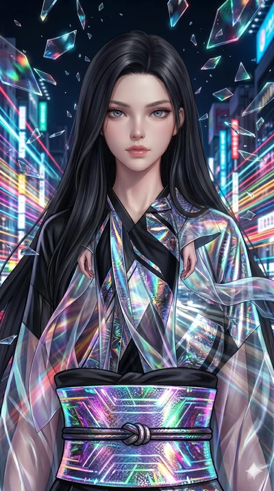 score_9, masterpiece, best quality, ultra-detailed, Set A: Photorealistic 8k CG, Japanese woman. Upper body close-up from the thighs up, character filling the screen for maximum presence. Standing in the middle of a busy intersection as time freezes 