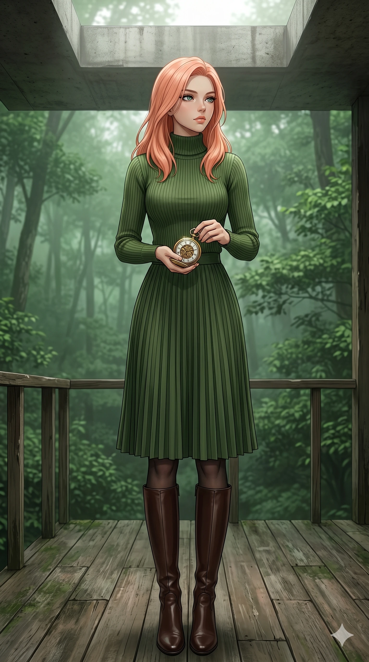 score_9, masterpiece, best quality, ultra-detailed, high-budget anime keyframe, editorial fashion photography, tasteful artistic composition, Japanese woman. cowboy shot from the thighs up, character and outfit filling the frame for maximum editorial presence. holding a golden pocket watch, looking past the camera with a thoughtful, focused expression on a secluded deck of a forest retreat with green mist (Code-P17-046). She has an absolutely perfect 8-heads proportion, an exceptionally tall and slender female figure with impossibly long slender legs and an ultra-slim waist. V-shaped jawline, high-bridge nose, intricate jewel-like eyes with depth, thick eyelashes, glossy lips with a natural sheen. wearing a high-neck ribbed sweater with a matching long pleated skirt. soft diffused light from a concrete skylight, highlighting her V-shaped jawline and nose. 2k, ultra detail, master piece, 9:16 ratio
