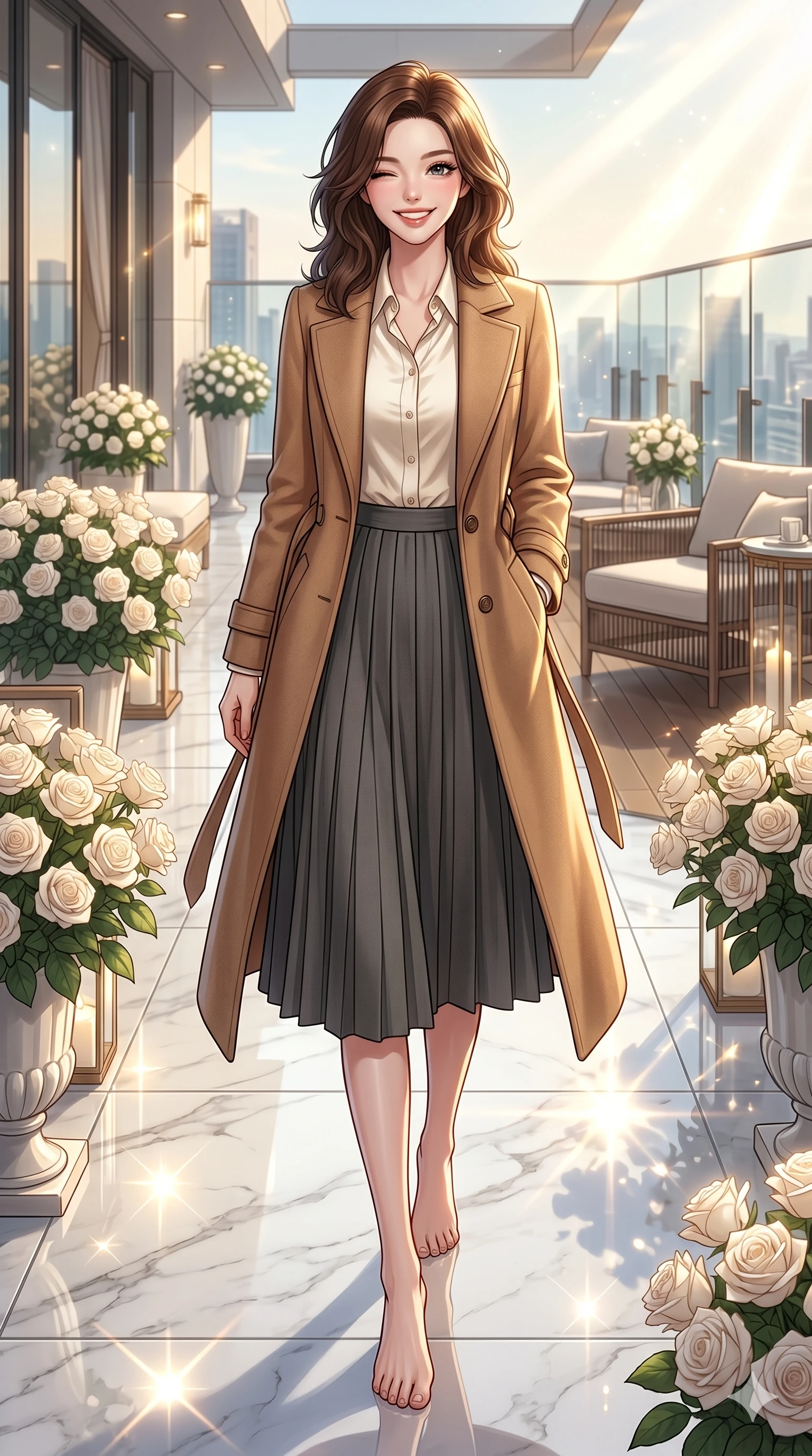 score_9, masterpiece, best quality, ultra-detailed, high-budget anime keyframe, vibrant anime aesthetic, Korean woman. low angle full-body shot from head to toe showing her feet, filling the entire 9:16 vertical frame with her statuesque presence, stretching her vertical silhouette. She is posing with a playful wink and a delightful grin, looking directly at the viewer on a luxury hotel rooftop terrace decorated with white roses, under a bright afternoon sun (Code-P20-004). She has an absolutely perfect 8-heads proportion, an exceptionally tall and slender female figure with impossibly long slender legs and an ultra-slim waist. V-shaped jawline, high-bridge nose, intricate jewel-like eyes with depth, thick eyelashes, glossy lips with a natural sheen. wearing a structured wool coat over a silk button-up shirt and pleated midi skirt. She is illuminated by direct, sparkling sunbeams reflecting off the polished marble floor. 2k, ultra detail, master piece, 9:16 ratio