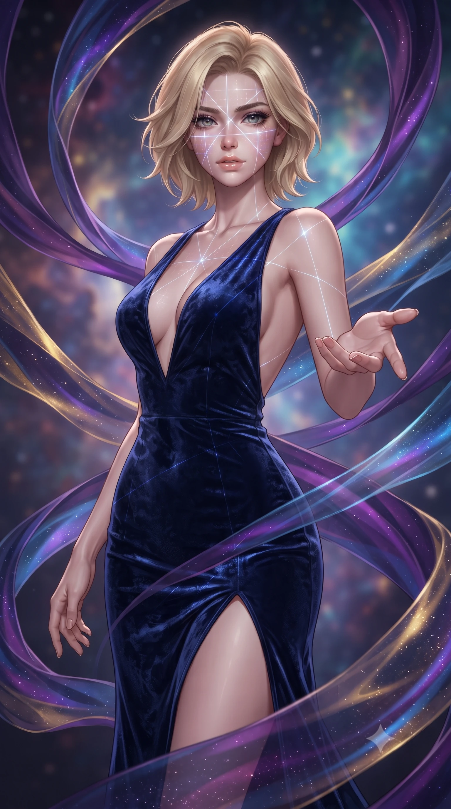 score_9, masterpiece, best quality, ultra-detailed, high-budget anime keyframe, editorial fashion photography, tasteful artistic composition, Caucasian woman. close-up cowboy shot from the waist and thighs up, the character dominates the composition, filling the frame with her large presence, background elements kept in soft focus. Reaching one hand gracefully toward the viewer with effortless superiority and allure navigating a maze of glowing silk ribbons that pulse to a cosmic rhythm, translucent silk ribbons swirling around her body like light streams. She has an exceptionally elegant, slender, and willowy female figure with an ultra-slim waist, a gracefully sculpted slender torso, and a refined silhouette. sharp v-shaped jawline, high-bridge nose, intricate jewel-like eyes with depth, thick eyelashes, glossy lips with a natural sheen. wearing a backless crushed velvet gown with a deep plunging V-neckline and a high thigh slit, the form-contouring material highlighting her ultra-slim waist and long lines. bathed in sharp geometric laser grid highlights and soft ambient fill. highly saturated vibrant anime colors, detailed shading with soft gradients, rich glossy textures, high-contrast stereoscopic depth, volumetric dynamic lighting, master piece, 9:16 ratio