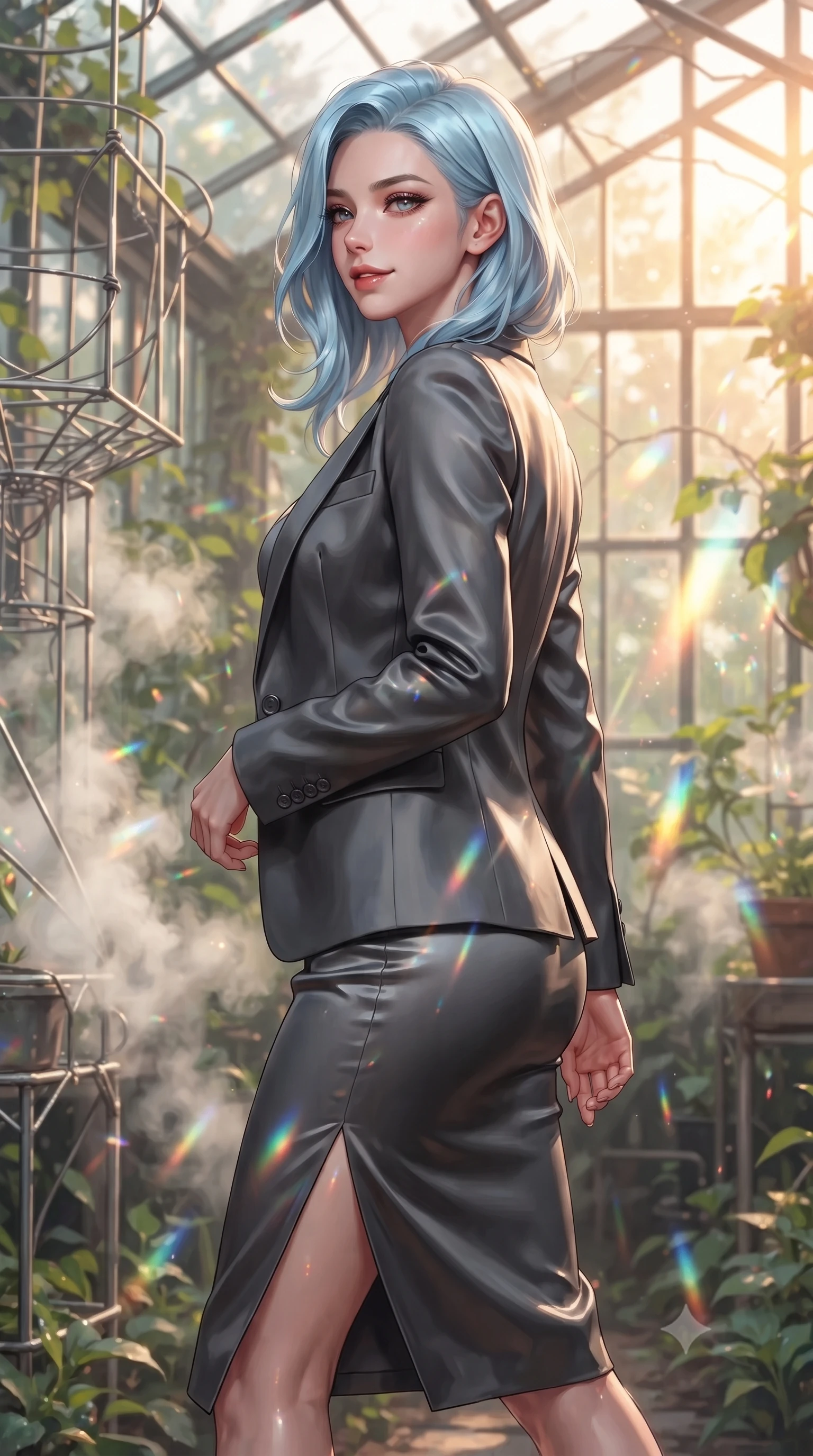 score_9, masterpiece, best quality, ultra-detailed, high-budget anime keyframe, editorial fashion photography, tasteful artistic composition, Korean woman. close-up cowboy shot from the waist and thighs up, the character dominates the composition, filling the frame with her large presence, background elements kept in soft focus. Glancing sidelong over her shoulder with a smoldering half-smile and heavy lashes forging through an overgrown greenhouse filled with platinum wire lattices, steam clouds refracting sunlight into brilliant rainbow prisms. She has an exceptionally elegant, slender, and willowy female figure with an ultra-slim waist, a gracefully sculpted slender torso, and a refined silhouette. sharp v-shaped jawline, high-bridge nose, intricate jewel-like eyes with depth, thick eyelashes, glossy lips with a natural sheen. wearing a tailored silk blazer over a form-contouring top and fitted slacks in charcoal grey and platinum, crafted from lustrous satin jersey with fluid draping, finished with a sleek side slit ascending to mid-thigh, the sleek second-skin texture accentuating her magnetic presence. lit by warm golden-hour rays cascading through crystalline glass panes. ultra-reflective glossy finish, specular highlights, metallic sheen, high-contrast stereoscopic depth, volumetric dynamic lighting, 2k, ultra detail, master piece, 9:16 ratio