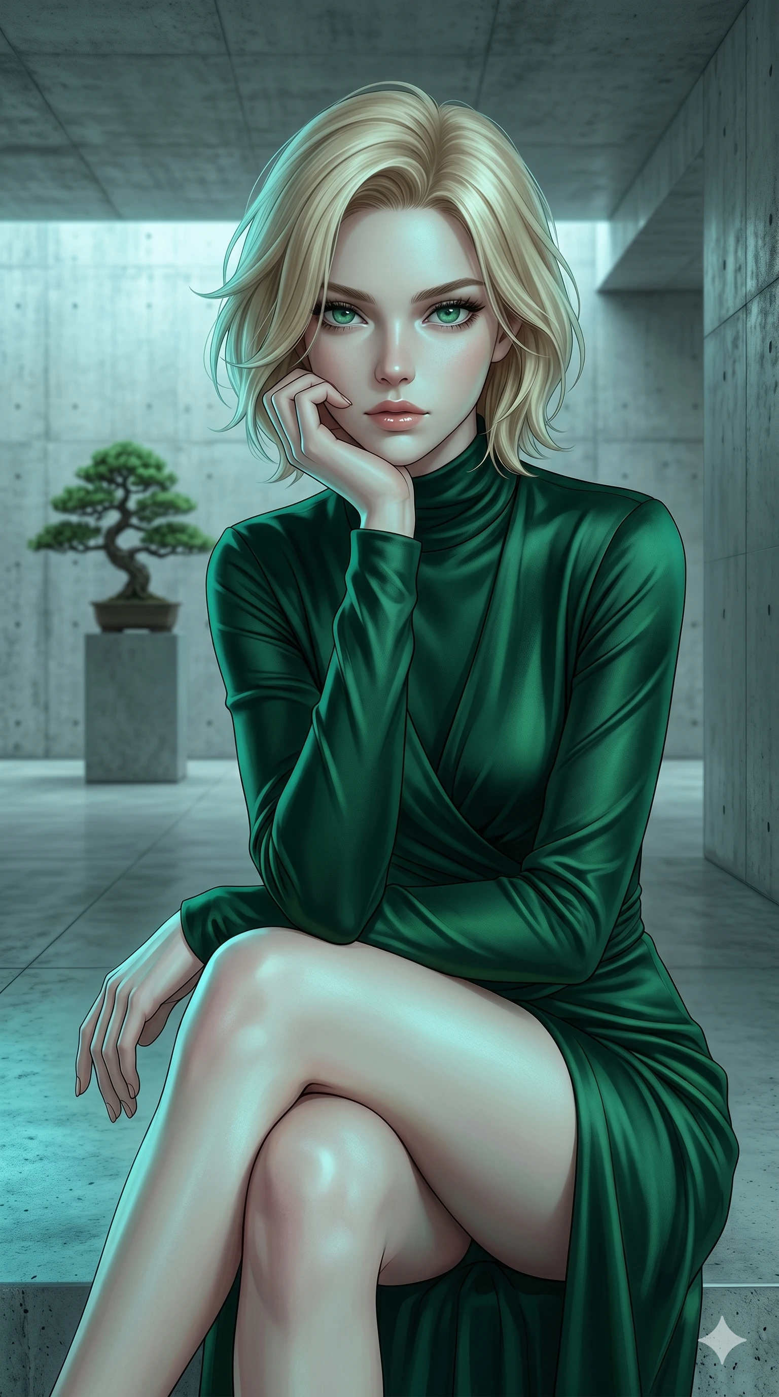 score_9, masterpiece, best quality, ultra-detailed, high-budget anime keyframe, editorial fashion photography, tasteful artistic composition, Caucasian woman, strictly human ears. cowboy shot from the thighs up, character and outfit filling the frame for maximum editorial presence. resting her chin on her hand, looking directly at the camera with a confident, piercing gaze inside a minimalist concrete art gallery with a single bonsai tree (Code-P17-026). She has an absolutely perfect 8-heads proportion, an exceptionally tall and slender female figure with impossibly long slender legs and an ultra-slim waist. V-shaped jawline, high-bridge nose, intricate jewel-like eyes with depth, thick eyelashes, glossy lips with a natural sheen. wearing a long-sleeved high-neck wrap dress in dark emerald green silk. soft aqua bioluminescent light reflecting from the ocean depth, making her skin glow. 2k, ultra detail, master piece, 9:16 ratio