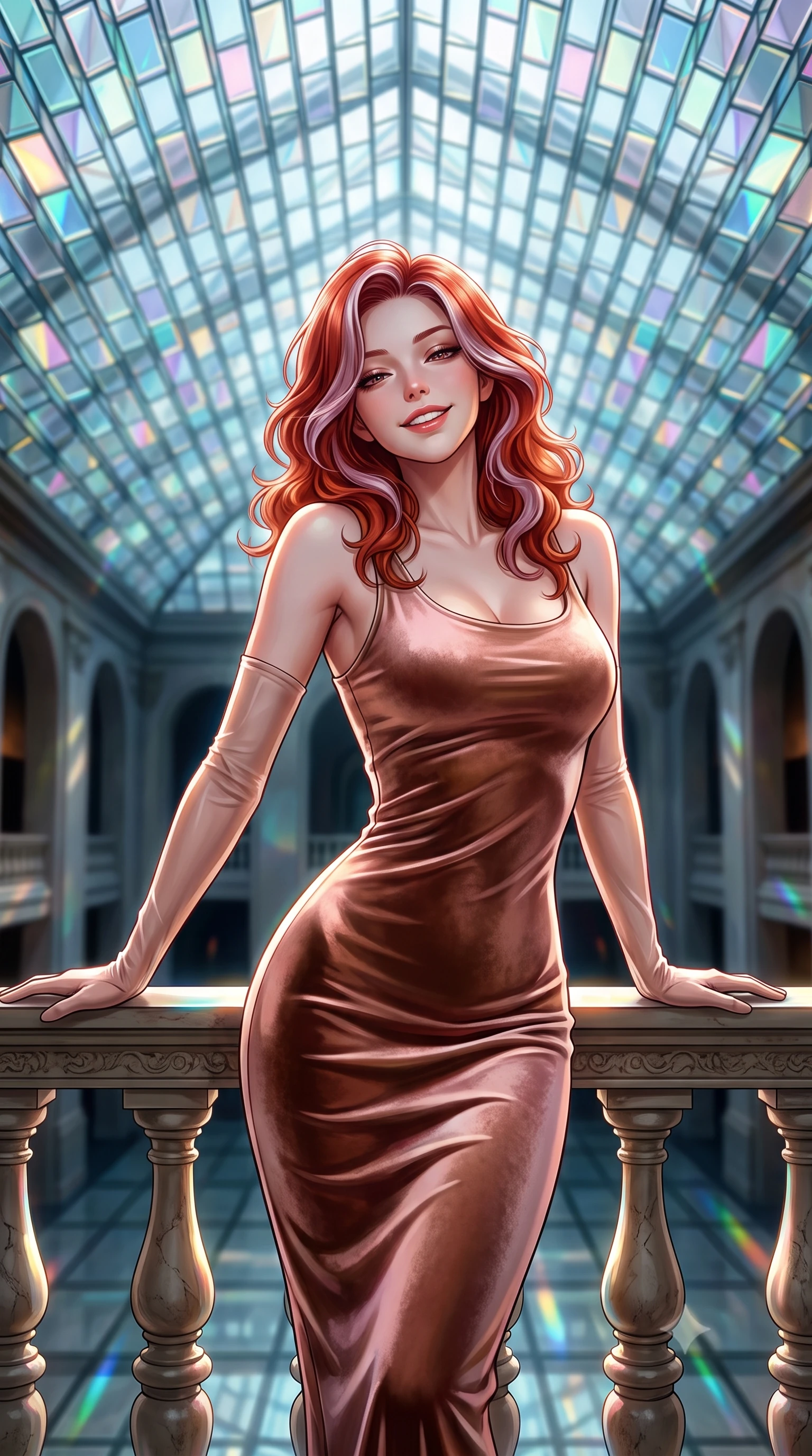 score_9, masterpiece, best quality, ultra-detailed, high-budget anime keyframe, editorial fashion photography, tasteful artistic composition, Caucasian woman. close-up cowboy shot from the waist and thighs up, the character dominates the composition, filling the frame with her large presence. leaning back against the balustrade with relaxed seductive grace, head tilted back slightly while casting a hypnotic, heavy-lidded gaze while standing poised inside the monumental glass atrium beneath thousands of geometric dichroic glass quasi-bricks, arching her spine with futuristic supermodel poise. The background shows a soft-focus soaring architectural ceiling voids softened in iconic Nordic cultural landmark shallow focus. She has an exceptionally elegant, slender, and willowy female figure with an ultra-slim waist, flat toned midriff, narrow ribcage, and sculpted feminine hips creating an alluring, slim hourglass silhouette without bulk. sharp v-shaped jawline, high-bridge nose, intricate jewel-like sparkling eyes with depth, thick eyelashes, glossy parted lips with a natural peach sheen, bright cheerful beaming smile with an enchanting and coquettish sensual glint, exuding both youthful cute charm and seductive allure, flawlessly proportioned anatomical accuracy, strict slender model proportions, natural body alignment, perfectly sculpted long slender limbs, ultra-slim waistline, clean dynamic posture without body distortion. wearing a glove-like stretch modal tank dress adhering tightly to her flat midriff and feminine hips in rose-quartz blush and antique burnished brass, tailored from ultra-plush silk velvet with rich tactile depth and deep shadow gradients, complemented by sheer opera-length evening gloves tracing her slender arms, the glove-like clinging cut tightly following the natural contour of her hips and long slender legs with youthful 8.5-heads elegance. illuminated by glass floor reflection bounce and sharp prism-rainbow rim lights defining her razor-sharp jawline, narrow waist, and curvy hips. ultra-reflective glossy finish, specular highlights, rich textural contrasts, high-contrast stereoscopic depth, volumetric dynamic lighting, 2k, ultra detail, master piece, 9:16 ratio