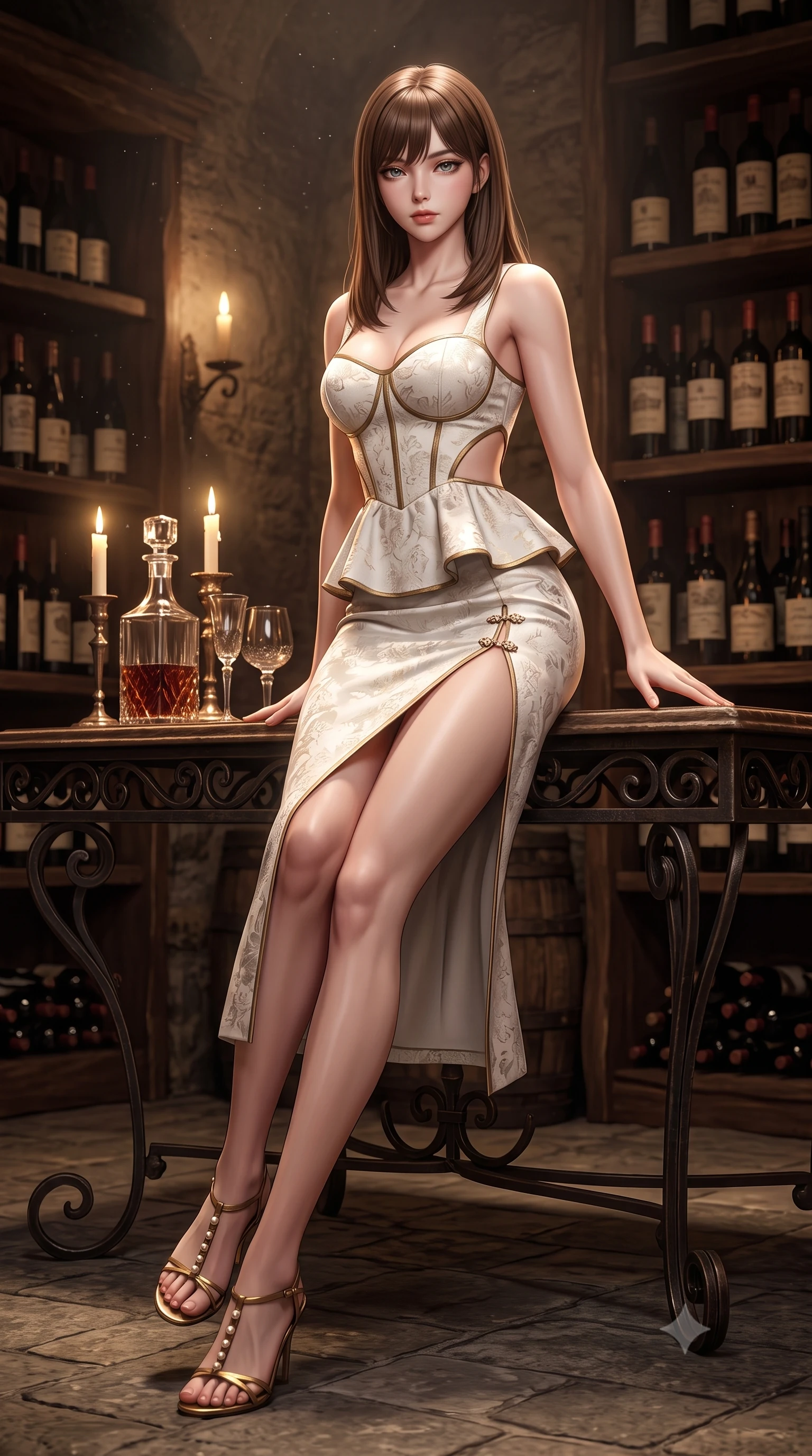 score_9, masterpiece, best quality, ultra-detailed, high-budget anime keyframe, semi-realistic 3D game render, editorial fashion photography, tasteful artistic composition, Korean woman. low angle full-body shot from head to toe showing her feet, filling the entire 9:16 vertical frame with her statuesque presence, stretching her vertical silhouette. sitting perched on the elevated edge with hips angled toward the camera and legs crossed, displaying her toned midriff and flawlessly sculpted slender limbs while leaning forward against the wrought-iron cellar tasting table with hips cocked back, casting an alluring bedroom-glance through candlelight reflections. The surrounding environment is rendered in vivid detail and crisp panoramic clarity. rich high-contrast French château chiaroscuro and decadent underground winery aesthetics rendered with precision. She has an absolutely perfect, statuesque 8.5-heads proportion, an exceptionally tall and slender model-like female figure with impossibly long slender legs, a toned flat midriff, an ultra-slim waist, and beautifully sculpted feminine hips. sharp v-shaped jawline, high-bridge nose, intricate jewel-like eyes with depth, thick eyelashes, glossy parted lips with a natural sheen, intensely captivating and seductive bedroom-eyes expression, flawlessly proportioned anatomical accuracy, strict slender model proportions, natural body alignment, perfectly sculpted long slender limbs, ultra-slim waistline, clean dynamic posture without body distortion. wearing a modern peplum corset dress with side-waist diamond cutouts and an ultra-tight silhouette in pure alabaster white and antique brass accents, made of rich textured floral silk jacquard with subtle gold thread, finished with an ultra-high side slit secured by miniature jeweled clasps, the second-skin form-contouring cut accentuating her sculpted flat midriff, narrow waistline, and dramatically curvy hips without adding bulk. surrounded by an opulent, intimate, and dangerously intoxicating vintage wine empress aura. highly saturated vibrant anime colors, detailed shading with soft gradients, rich glossy textures, high-contrast stereoscopic depth, volumetric dynamic lighting, master piece, 9:16 ratio