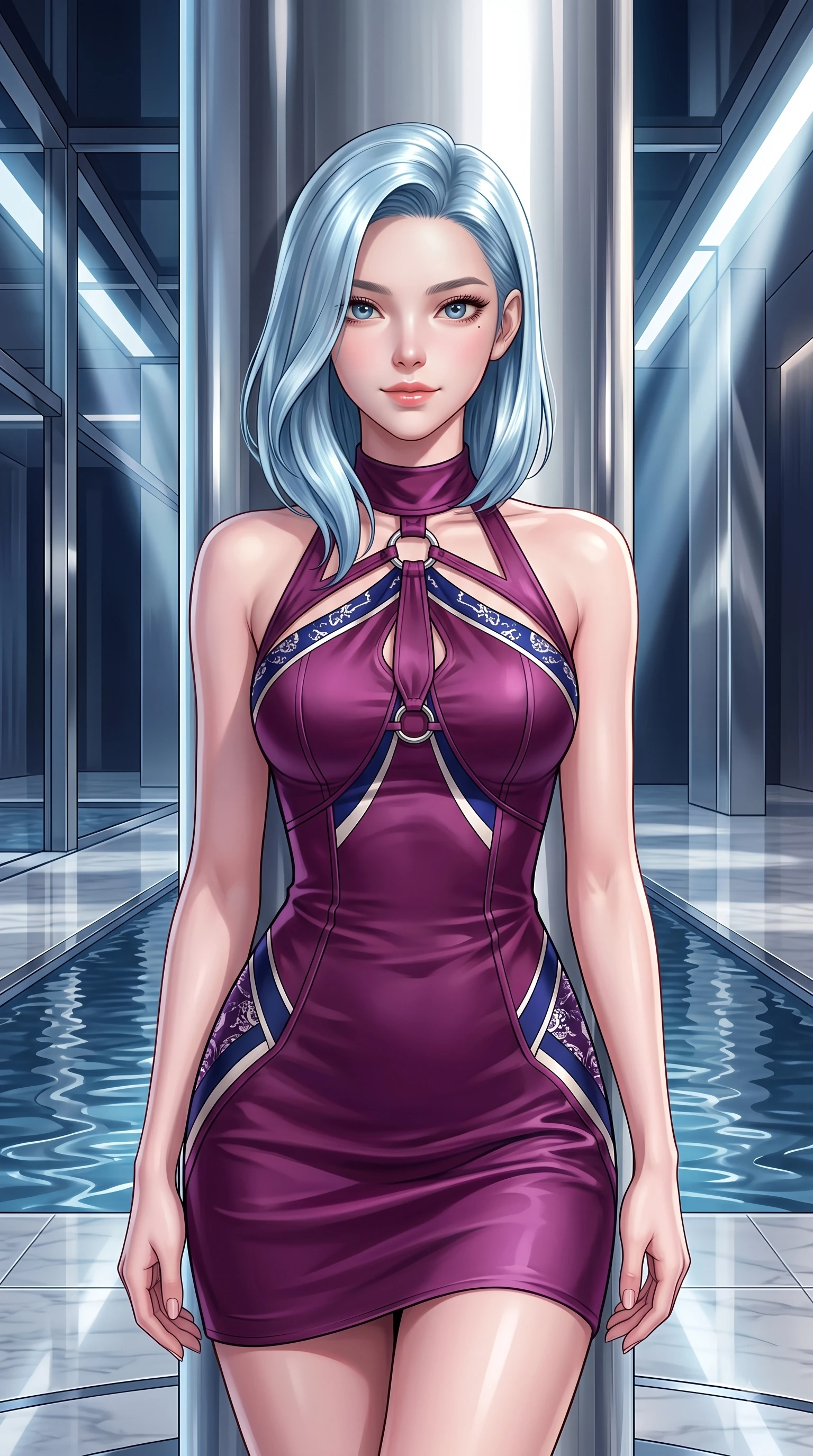 score_9, masterpiece, best quality, ultra-detailed, high-budget anime keyframe, editorial fashion photography, tasteful artistic composition, Korean woman. close-up cowboy shot from the waist and thighs up, the character dominates the composition, filling the frame with her large presence. Pure innocent expression with clear crystalline eyes, a gentle tender smile, and an airy serene aura while resting against a polished chrome pillar framing her sleek fashion contour. The surrounding environment is rendered in vivid detail and crisp panoramic clarity. dramatic architectural light beams, reflecting pool ripples, and sharp structural framing in high clarity. She has an exceptionally elegant, slender, and willowy female figure with an ultra-slim waist, a gracefully sculpted slender torso, and a refined silhouette. sharp v-shaped jawline, high-bridge nose, intricate jewel-like eyes with depth, thick eyelashes, glossy lips with a natural sheen, flawlessly proportioned anatomical accuracy, natural body alignment, perfectly sculpted elegant limbs, clean dynamic posture without body distortion. wearing a rich plum purple halter-neck silk dress with silver ring hardware in royal navy blue and pure ivory, crafted from smooth liquid silk satin, complemented by clean architectural seams and subtle cutouts, the chic fashion cut framing her graceful clavicle and slender torso. surrounded by a high-end, luxury architectural fashion aesthetic. highly saturated vibrant anime colors, detailed shading with soft gradients, rich glossy textures, high-contrast stereoscopic depth, volumetric dynamic lighting, master piece, 9:16 ratio