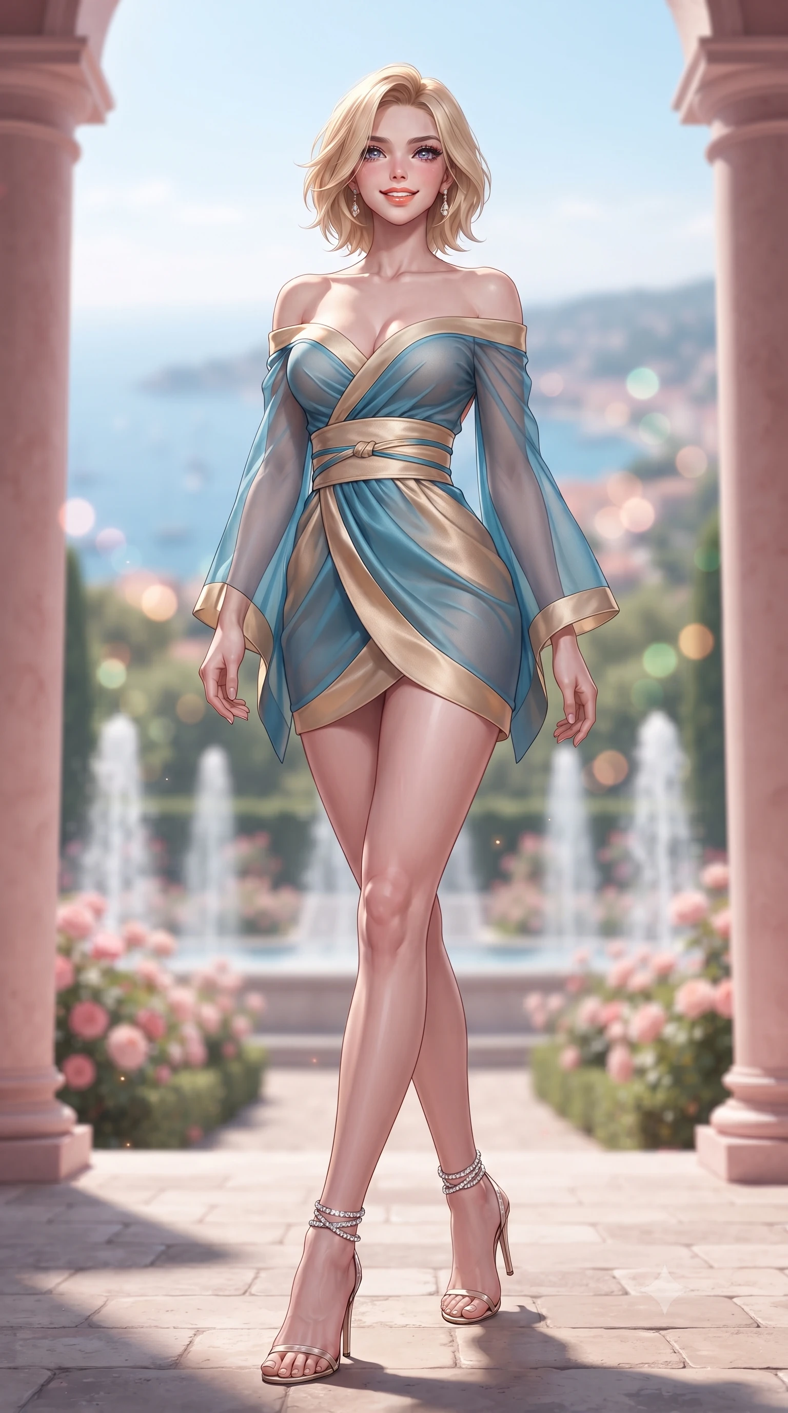 score_9, masterpiece, best quality, ultra-detailed, high-budget anime keyframe, editorial fashion photography, tasteful artistic composition, Caucasian woman. low angle full-body shot from head to toe showing her feet, filling the entire 9:16 vertical frame with her statuesque presence, stretching her vertical silhouette. stepping slowly toward the camera with hypnotic grace, hips swaying in an alluring sensual rhythm that accentuates her curvy hourglass silhouette and long slender legs while standing poised between the pink Italianate colonnades, arching her lower back to emphasize her curvy hips as evening roses perfume the breeze. The background shows a soft-focus blooming rose parterres, cascading musical fountains, and panoramic views of the Bay of Villefranche blurred into rose-gold, emerald, and azure bokeh. She has an exceptionally tall and slender model-like 8.5-heads proportion, an ultra-slim waist, a flat toned midriff, narrow delicate ribcage, and beautifully sculpted feminine hips creating a graceful, slim hourglass silhouette without any bulky heaviness, with impossibly long slender legs. sharp v-shaped jawline, high-bridge nose, intricate jewel-like sparkling eyes with depth, thick eyelashes, glossy parted lips with a natural peach sheen, bright cheerful beaming smile with an enchanting and coquettish sensual glint, exuding both youthful cute charm and seductive allure, flawlessly proportioned anatomical accuracy, strict slender model proportions, natural body alignment, perfectly sculpted long slender limbs, ultra-slim waistline, clean dynamic posture without body distortion. wearing a backless Japanese silk robe-inspired cocktail dress slipping gracefully off bare shoulders with a cinched obi belt in Monaco Mediterranean azure blue and champagne gold, made of semi-opaque stretch illusion mesh with soft shadowy contours along her waist, complemented by strappy stiletto sandals with crystal ankle wraps accentuating her slender calves, the liquid-tight tailored fabric clinging flawlessly to her narrow waist and rounded feminine hips, emphasizing every millimeter of her sculpted slim hourglass curves without any bulky heaviness. illuminated by pale stone reflection bounce and sharp copper-rose rim lights sculpting her delicate collarbones and statuesque proportions. ultra-reflective glossy finish, specular highlights, rich textural contrasts, high-contrast stereoscopic depth, volumetric dynamic lighting, 2k, ultra detail, master piece, 9:16 ratio