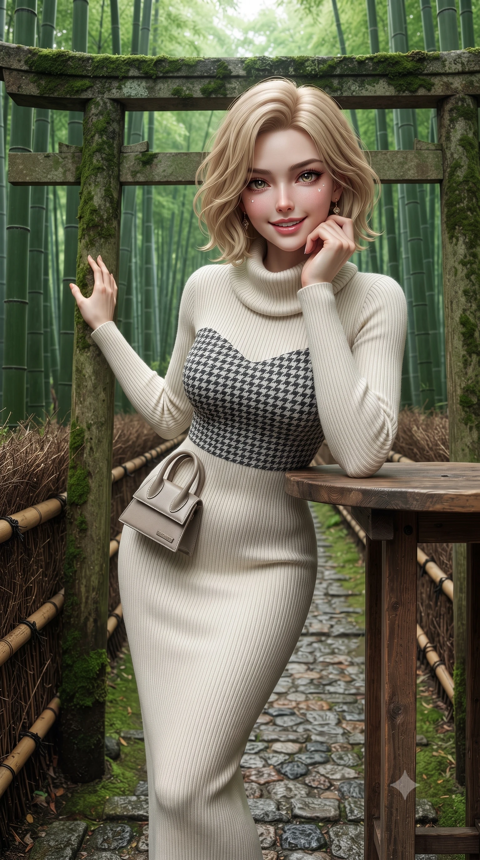 score_9, masterpiece, best quality, ultra-detailed, high-budget anime keyframe, editorial fashion photography, tasteful artistic composition, Caucasian woman. close-up cowboy shot from the waist and thighs up, the character dominates the composition, filling the frame with her large presence. resting one elbow on the table and supporting her chin, leaning close to the camera with heavy-lidded sparkling eyes and parted lips while pausing beside a weathered wooden torii gate entrance, one hand resting on the cedar post with timeless Kyoto charm. The surrounding environment is rendered in vivid detail and crisp panoramic clarity: sharp vertical ridges on bamboo stalks, textured cobblestones on forest path, and woven bamboo railing cordage in deep focus. She has an exceptionally elegant, slender, and willowy female figure with an ultra-slim waist, flat toned midriff, narrow ribcage, and sculpted feminine hips creating an alluring, slim hourglass silhouette without bulk. sharp v-shaped jawline, high-bridge nose, intricate jewel-like sparkling eyes with depth, thick eyelashes, glossy parted lips with a natural peach sheen, bright cheerful beaming smile with an enchanting and coquettish sensual glint, exuding both youthful cute charm and seductive allure, flawlessly proportioned anatomical accuracy, strict slender model proportions, natural body alignment, perfectly sculpted long slender limbs, ultra-slim waistline, clean dynamic posture without body distortion. wearing a form-contouring ribbed knit bodycon maxi dress in snow ivory with a cozy high cowl-neck hugging every curve in classic Savile Row charcoal houndstooth and crisp ivory, crafted from buttery-soft stretch lambskin leather adhering to her body like a second skin, finished with a structured leather micro-bag held lightly at her hip, the glove-like clinging cut tightly following the natural contour of her hips and long slender legs with youthful 8.5-heads elegance. illuminated by soft green foliage bounce and crisp jade-gold rim lights sculpting her razor-sharp jawline and tall willowy frame. ultra-reflective glossy finish, specular highlights, rich textural contrasts, high-contrast stereoscopic depth, volumetric dynamic lighting, 2k, ultra detail, master piece, 9:16 ratio