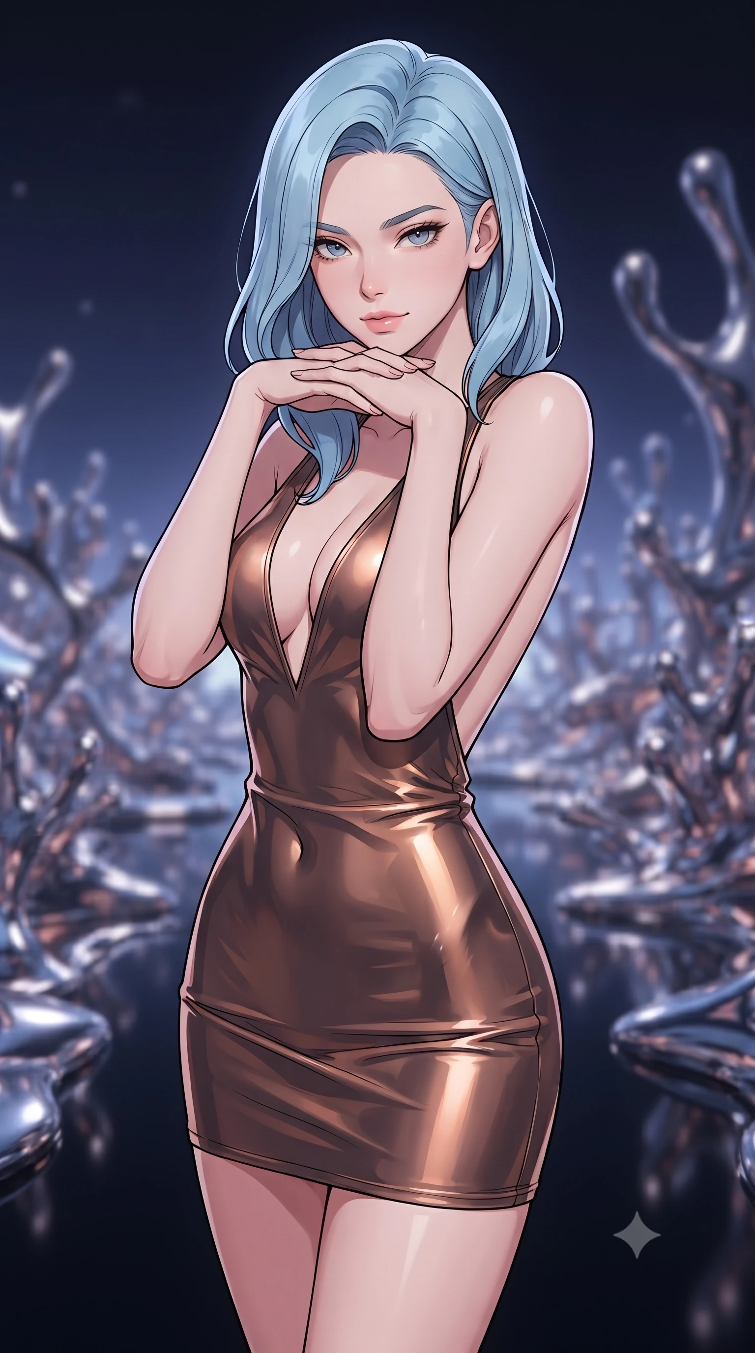 score_9, masterpiece, best quality, ultra-detailed, high-budget anime keyframe, gorgeous anime illustration, with clean line-art and distinct ink outlines, Korean woman. close-up cowboy shot from the waist and thighs up, the character dominates the composition, filling the frame with her large presence, background elements kept in soft focus. Resting her chin on the backs of her fingers in a confident pose. set against a soft-focus background of walking on a path of black glass under a sea of liquid chrome mercury, with liquid metal coral reefs rising and waving like living structures. She has an exceptionally elegant and slender, willowy female figure with an ultra-slim waist, a gracefully sculpted slender torso, and a refined slim physique. sharp v-shaped jawline, high-bridge nose, intricate jewel-like eyes with depth, thick eyelashes, glossy lips with a natural sheen. wearing a deep-V bodycon mini dress in shifting liquid bronze, featuring a dramatic open back. sharp specular highlights reflecting off the liquid chrome surfaces, with cool indigo ambient light from the dark sky. 2k, ultra detail, master piece, 9:16 ratio, vibrant anime color palette, detailed cel-shading with soft gradients, rich contrast, dynamic lighting, 2d animation style