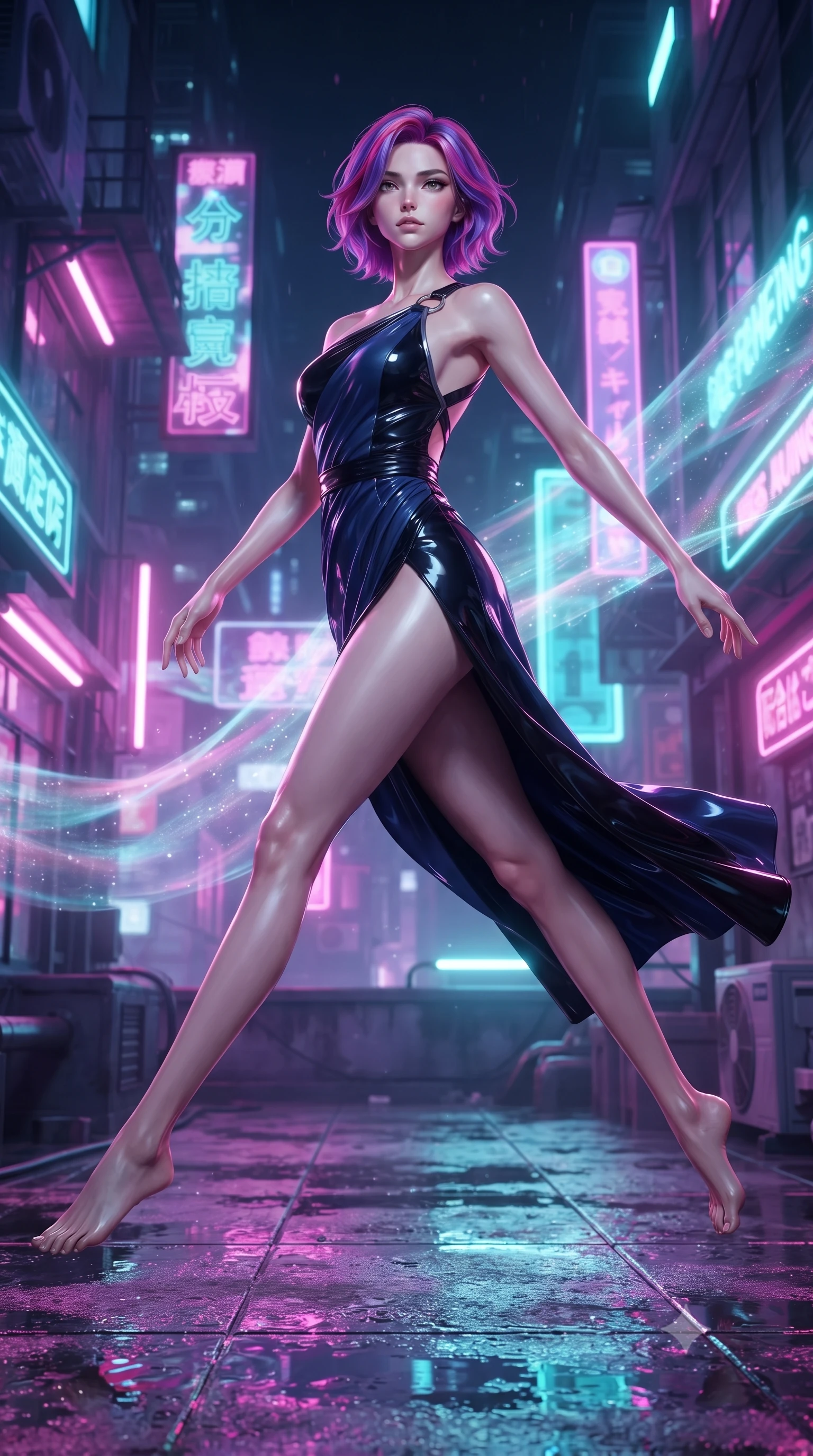 score_9, masterpiece, best quality, ultra-detailed, high-budget anime keyframe, editorial fashion photography, tasteful artistic composition, Caucasian woman. low angle full-body shot from head to toe showing her feet, filling the entire 9:16 vertical frame with her statuesque presence, stretching her vertical silhouette. leaping gracefully through mid-air with statuesque elegance, her impossibly long slender legs stretched in perfect balance while forging forward through a cybernetic alleyway as holographic wind swirls around her, wet rooftop surfaces reflecting glowing pink, purple, and cyan neon light bars. She has an absolutely perfect, statuesque 8.5-heads proportion, an exceptionally tall and slender model-like female figure with impossibly long slender legs and an ultra-slim waist. sharp v-shaped jawline, high-bridge nose, intricate jewel-like eyes with depth, thick eyelashes, glossy lips with a natural sheen, flawlessly proportioned anatomical accuracy, natural body alignment, perfectly sculpted elegant limbs, clean dynamic posture without body distortion. wearing an asymmetrical Grecian draped chiffon gown with a metallic shoulder ring in midnight navy blue and chrome trim, tailored from high-gloss patent leather, complemented by criss-cross back straps highlighting her bare shoulders, the form-contouring material highlighting her ultra-slim waist and long lines. illuminated by glowing holographic sakura radiance and wet specular reflections. ultra-reflective glossy finish, specular highlights, metallic sheen, high-contrast stereoscopic depth, volumetric dynamic lighting, 2k, ultra detail, master piece, 9:16 ratio