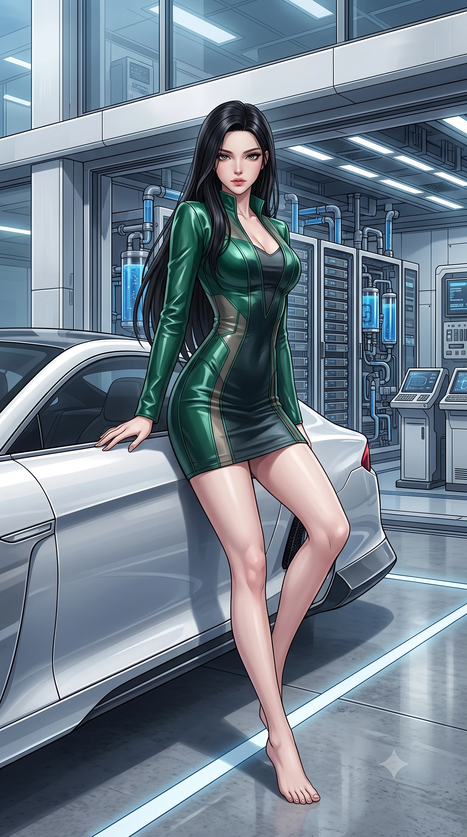 score_9, masterpiece, best quality, ultra-detailed, High-budget Anime Keyframe, East Asian woman. Dynamic full-body shot stretching the vertical silhouette to the limit. Scenario 442: leaning against a sleek white hover-limousine by a high-tech laboratory with rows of water-cooled server racks. Her presence is magnetic and overpowering in this high-budget anime scene. Outfit 442: a body-hugging emerald green matte vinyl jacket featuring layered translucent panels over a sleek slip dress. The clothing is designed to emphasize her exceptionally tall and slender 8-heads proportion. 8-heads proportion, towering silhouette, ultra-slim waist. sharp v-shaped jawline, intricate jewel-like eyes with depth, thick eyelashes, glossy lips. 2k, ultra detail, master piece, 9:16 ratio