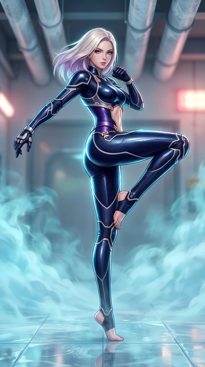 score_9, masterpiece, best quality, ultra-detailed, high-budget anime keyframe, semi-realistic 3D game render, editorial fashion photography, tasteful artistic composition, Caucasian woman. low angle full-body shot from head to toe showing her feet, 