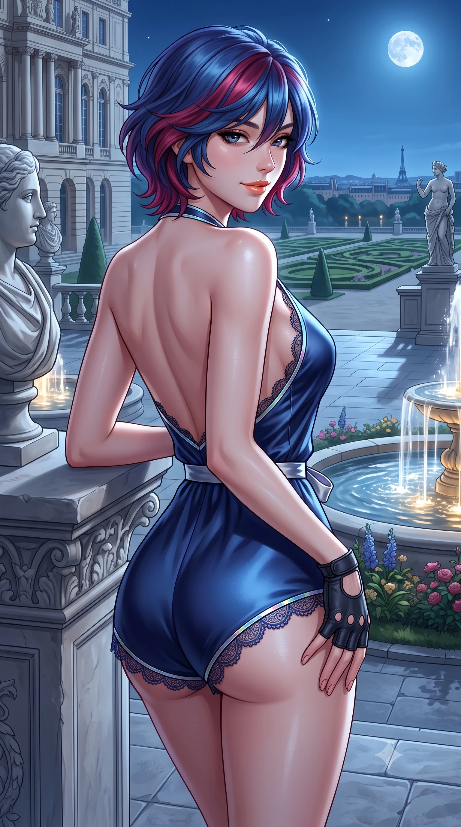 score_9, masterpiece, best quality, ultra-detailed, high-budget anime keyframe, semi-realistic 3D game render, editorial fashion photography, tasteful artistic composition, Korean woman. close-up cowboy shot from the waist and thighs up, the character dominates the composition, filling the frame with her large presence. tilting her head with a teasing half-smile, running one hand slowly down the side of her hip in a flirtatious S-curve as ambient light caresses her silhouette while leaning against the stone column pedestal with hips cocked back, looking over a bare shoulder toward the moonlit Parisian garden. The surrounding environment is rendered in vivid detail and crisp panoramic clarity: detailed satin ballet leotard cling, moonlight glints on skin, and classical French neoclassical architecture in high resolution. She has an exceptionally elegant, slender, and willowy female figure with an ultra-slim waist, flat toned midriff, narrow ribcage, and sculpted feminine hips creating an alluring, slim hourglass silhouette without bulk. sharp v-shaped jawline, high-bridge nose, sparkling eyes with hypnotic seductive depth, thick curled eyelashes, glossy parted lips with a natural dewy peach sheen, alluring bedroom-eyes with an enchanting coquettish smile, exuding magnetic siren charisma and sophisticated glamour, flawlessly proportioned anatomical accuracy, strict slender model proportions, natural body alignment, perfectly sculpted long slender limbs, ultra-slim waistline, clean dynamic posture without body distortion. wearing a deep V-neck silk satin ballerina romper with scalloped eyelash-lace hems and a cinched satin waist ribbon in deep sapphire navy and metallic silver with holographic trims, crafted from fluid liquid silk satin that clings smoothly to every curve with a dewy sheen, finished with fingerless matte leather tactical driving gloves with reinforced knuckles, the precision-cut side openings and low-back scoop framing her graceful spine and the sensual sweep of her slim, toned hips. bathed in cool celestial moonlight streaming across the palace plaza paired with warm fountain spotlight fill. highly saturated vibrant anime colors, detailed shading with soft gradients, rich glossy textures, high-contrast stereoscopic depth, volumetric dynamic lighting, master piece, 9:16 ratio