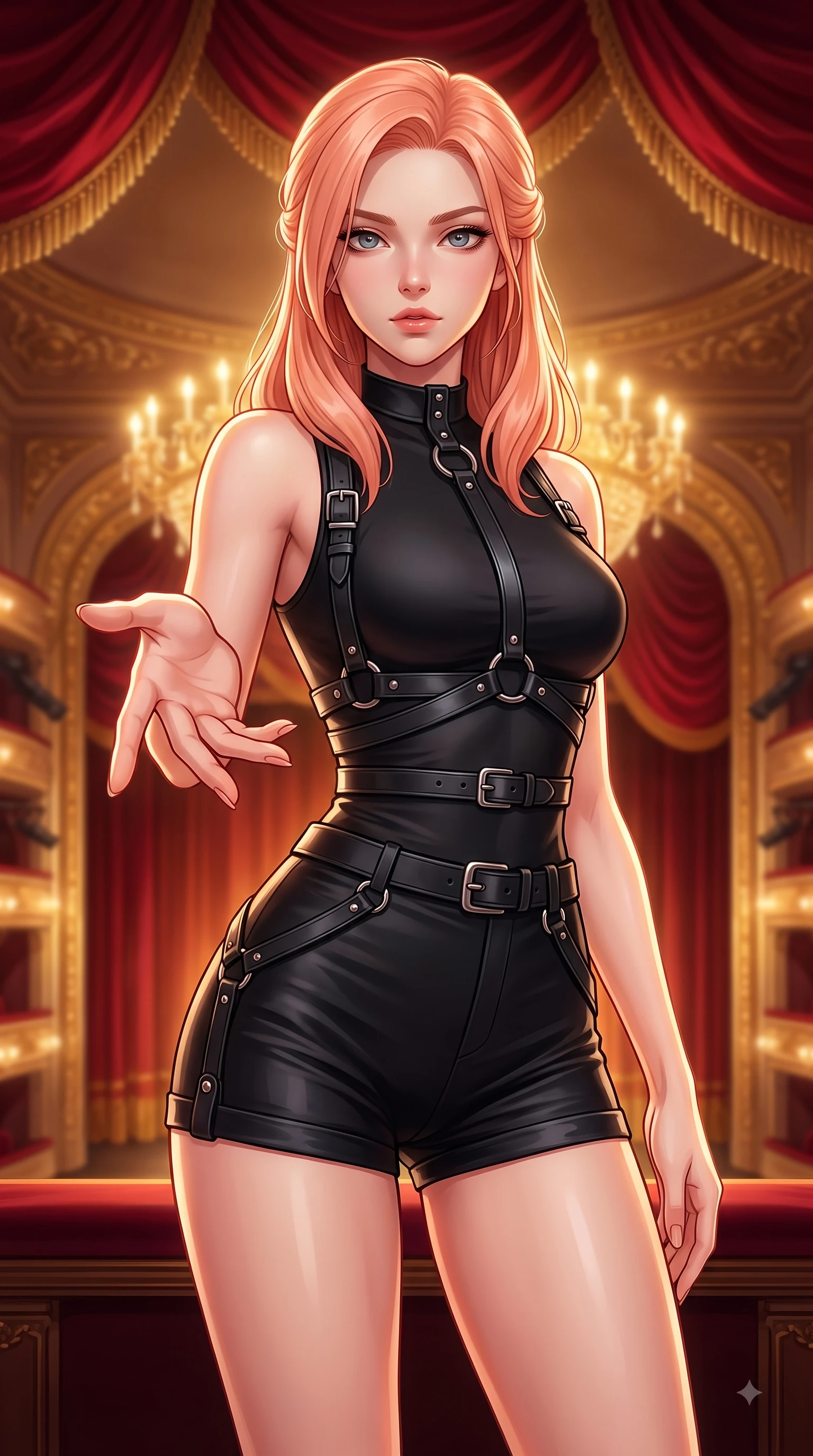 score_9, masterpiece, best quality, ultra-detailed, high-budget anime keyframe, editorial fashion photography, tasteful artistic composition, Japanese woman woman. close-up cowboy shot from the waist and thighs up, the character dominates the composition, filling the frame with her large presence, background elements kept in soft focus. She has an exceptionally elegant, slender, and willowy female figure with an ultra-slim waist, a gracefully sculpted slender torso, and a refined silhouette. reaching one hand toward the viewer with relaxed elegance, her gaze holding quiet authority, flawlessly proportioned anatomical accuracy, natural body alignment, perfectly sculpted elegant limbs, clean dynamic posture without body distortion. set against a soft-focus background of a VIP theater box suite draped in red silk velvet and gold trim. wearing a black structured leather harness over a fitted second-skin micro-shorts set. bathed in warm golden chandelier light from the grand theater stage below. highly saturated vibrant anime colors, detailed shading with soft gradients, rich glossy textures, high-contrast stereoscopic depth, volumetric dynamic lighting, master piece, 9:16 ratio