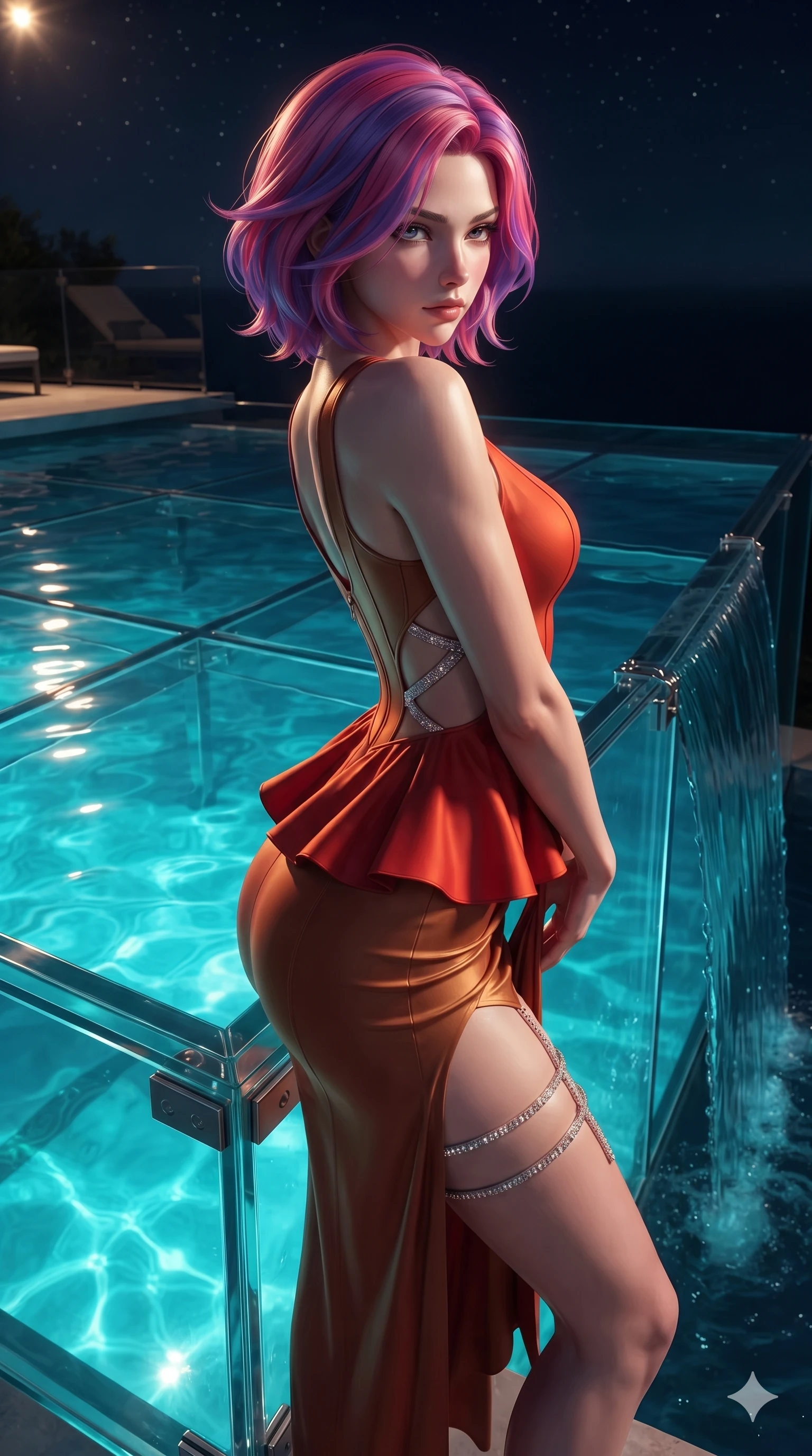 score_9, masterpiece, best quality, ultra-detailed, high-budget anime keyframe, editorial fashion photography, tasteful artistic composition, Caucasian woman. close-up cowboy shot from the waist and thighs up, the character dominates the composition, filling the frame with her large presence. twisting her slender torso in a deep contrapposto stance, hips dramatically shifted to accentuate her feminine curves while looking past her shoulder with smoldering bedroom-eyes while standing poised at the outer edge of the transparent glass pool, arching her lower back with sovereign supermodel grace as water spills into the night air. The surrounding environment is rendered in vivid detail and crisp panoramic clarity: sharp acrylic pool panel seams, surface tension water ripples, and stainless steel support bracket bevels in deep focus. She has an exceptionally elegant, slender, and willowy female figure with an ultra-slim waist, flat toned midriff, narrow ribcage, and sculpted feminine hips creating an alluring, slim hourglass silhouette without bulk. sharp v-shaped jawline, high-bridge nose, intricate jewel-like sparkling eyes with depth, thick eyelashes, glossy parted lips with a natural sheen, intensely captivating and seductive bedroom-eyes expression, exuding both youthful cute charm and sovereign luxury allure, flawlessly proportioned anatomical accuracy, strict slender model proportions, natural body alignment, perfectly sculpted long slender limbs, ultra-slim waistline, clean dynamic posture without body distortion. wearing a modern peplum corset dress with side-waist diamond cutouts and an ultra-tight silhouette in imperial vermilion silk and warm bronze, tailored from heavy double-faced silk georgette with an exceptionally fluid drape, finished with delicate crystal-encrusted thigh garter straps glinting in the dim light, the bespoke structured tailoring following the natural line of her 8.5-heads silhouette with refined elegance. bathed in the vibrant underwater turquoise illumination filtering through the glass floor mixed with warm overhead starlight. ultra-reflective glossy finish, specular highlights, rich textural contrasts, high-contrast stereoscopic depth, volumetric dynamic lighting, 2k, ultra detail, master piece, 9:16 ratio