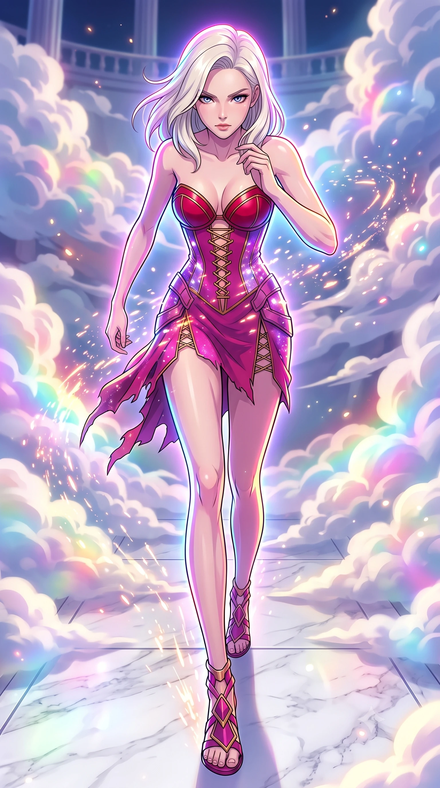 score_9, masterpiece, best quality, ultra-detailed, high-budget anime keyframe, clean line-art, cel-shading, Caucasian woman, strictly human ears. low angle full-body shot from head to toe showing her feet, filling the entire 9:16 vertical frame with her statuesque presence, stretching her vertical silhouette. dashing forward aggressively, leaving a trail of motion-blurred sparks as she strides through a palace terrace made of white marble, surrounded by clouds that glow with internal rainbow gradients. She has a statuesque 8.5-heads proportion, an exceptionally tall, slender and willowy model-like build with impossibly long legs and a highly sculpted ultra-slim waist. sharp v-shaped jawline, high-bridge nose, intricate jewel-like eyes with depth, thick eyelashes, glossy lips with a natural sheen. wearing catching and diffusing the glowing particles, shimmering softly in response to the surrounding light, a form-contouring deconstructed corset dress in deep magenta with exposed gold lacing and structured crimson cups. brilliant cinematic volumetric lighting with intense neon rim light outlining her form. highly saturated vibrant anime colors, intense vivid color palette, volumetric dynamic lighting, 2k, ultra detail, master piece, 9:16 ratio