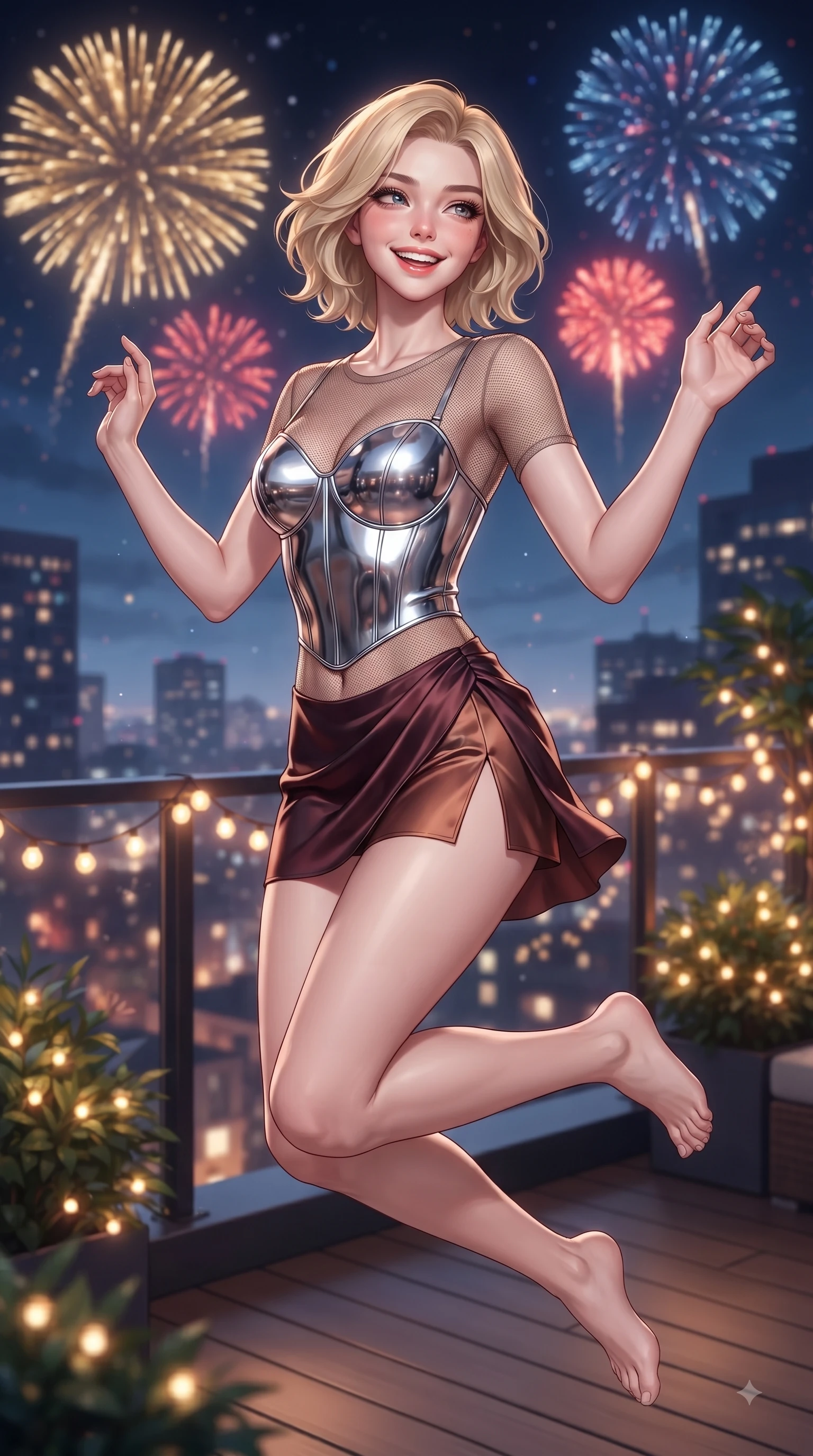 score_9, masterpiece, best quality, ultra-detailed, high-budget anime keyframe, editorial fashion photography, tasteful artistic composition, Caucasian woman. close-up cowboy shot from the waist and thighs up, the character dominates the composition, filling the frame with her large presence, background elements kept in soft focus. Warm delightful smile while casting a playful, joyful side-gaze with heavy lashes and a glowing expression while leaping joyfully on a high-rise penthouse rooftop deck under a sky of festive fireworks, glistening city lights and warm string fairy lamps creating rich ambient bokeh. She has an exceptionally elegant, slender, and willowy female figure with an ultra-slim waist, a gracefully sculpted slender torso, and a refined silhouette. sharp v-shaped jawline, high-bridge nose, intricate jewel-like eyes with depth, thick eyelashes, glossy lips with a natural sheen, flawlessly proportioned anatomical accuracy, natural body alignment, perfectly sculpted elegant limbs, clean dynamic posture without body distortion. wearing a chrome-plated structured bodice worn over a sheer mesh top and micro-shorts in deep burgundy and bronze, crafted from lustrous satin jersey with fluid draping, accented with a Tasteful chest slit framing her clavicle gracefully, the form-contouring material highlighting her ultra-slim waist and long lines. bathed in festive firework explosions and warm amber fairy light radiance. ultra-reflective glossy finish, specular highlights, metallic sheen, high-contrast stereoscopic depth, volumetric dynamic lighting, 2k, ultra detail, master piece, 9:16 ratio