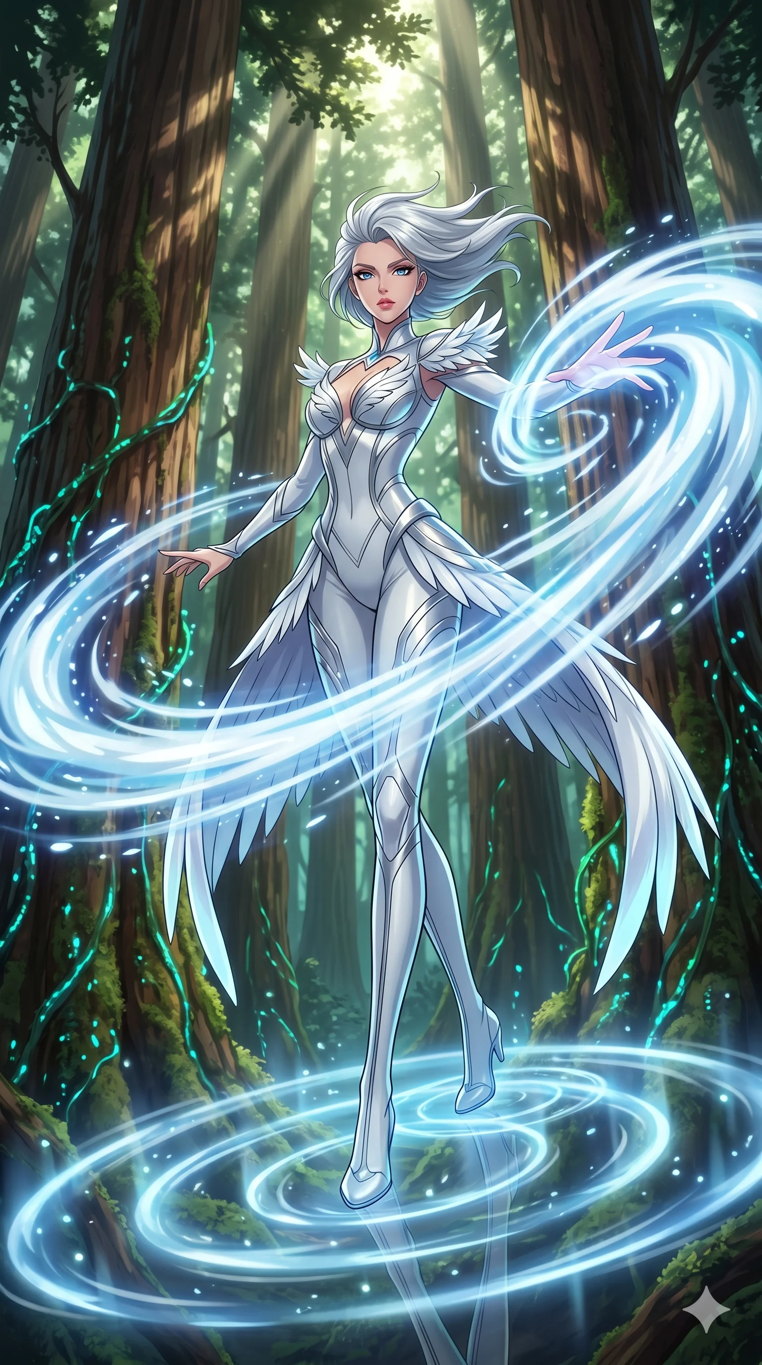 score_9, masterpiece, best quality, ultra-detailed, Set A: High-budget Anime Keyframe, Caucasian (human ears) woman. Low angle cowboy shot filling the entire 9:16 frame with her statuesque presence. Theme: Primal Nature. unleashing a massive energy wave in a giant redwood forest with glowing vines, as she steps on ripples of time that distort the space 1. The atmosphere is filled with cinematic sunlight through leaves. She has an absolutely perfect 8-heads proportion, an exceptionally tall and slender female figure with impossibly long slender legs and an ultra-slim waist. Sharp v-shaped jawline, high-bridge nose, intricate jewel-like eyes with depth, glossy lips. Wearing Elegant swan-inspired tech-outfit with white feathers and glowing silver accents. Cinematic lighting, vivid colors, dramatic shadows, 2k, ultra detail, master piece, 9:16 ratio
