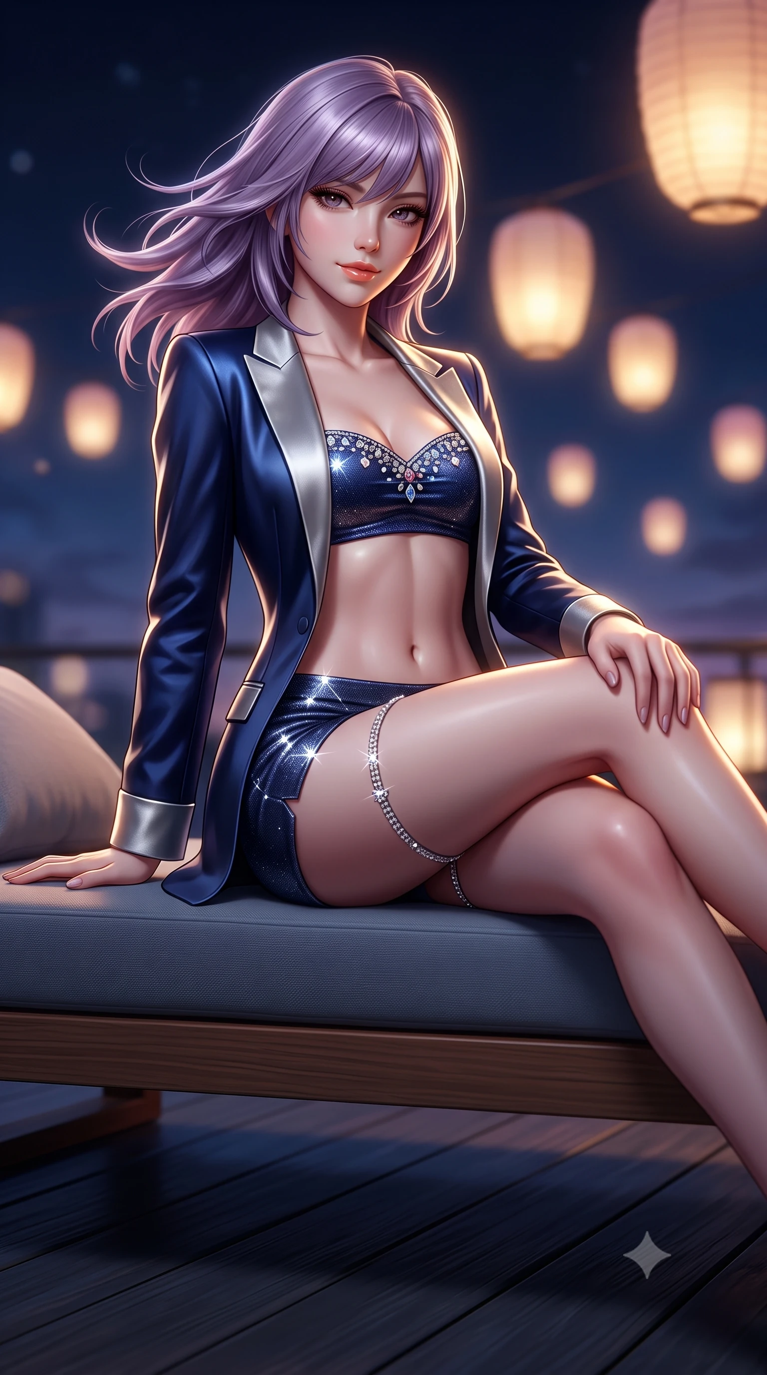 score_9, masterpiece, best quality, ultra-detailed, high-budget anime keyframe, semi-realistic 3D game render, editorial fashion photography, tasteful artistic composition, Japanese woman. close-up cowboy shot from the waist and thighs up, the character dominates the composition, filling the frame with her large presence. turning slowly with an enchanting smoldering smile, her glossy hair tossing in the breeze as her hips angle gracefully in a captivating contrapposto while lounging across the low teak daybed propped on one hand, her long slender legs and flat midriff radiating effortless metropolitan siren elegance. The background shows a soft-focus glowing paper lanterns softened in romantic nocturnal sky-sanctuary shallow focus. She has an exceptionally elegant, slender, and willowy female figure with an ultra-slim waist, flat toned midriff, narrow ribcage, and sculpted feminine hips creating an alluring, slim hourglass silhouette without bulk. sharp v-shaped jawline, high-bridge nose, sparkling eyes with hypnotic seductive depth, thick curled eyelashes, glossy parted lips with a natural dewy peach sheen, alluring bedroom-eyes with an enchanting coquettish smile, exuding magnetic siren charisma and sophisticated glamour, flawlessly proportioned anatomical accuracy, strict slender model proportions, natural body alignment, perfectly sculpted long slender limbs, ultra-slim waistline, clean dynamic posture without body distortion. wearing a tailored open-front satin smoking jacket worn over a jewel-embellished bandeau and micro-shorts in deep sapphire navy and molten silver, woven from stretch metallic lurex jersey casting radiant starlight glints across her silhouette, finished with delicate crystal-encrusted thigh garter straps glinting in the dim light, the form-contouring silhouette accentuating her sculpted flat midriff, narrow delicate ribcage, and gracefully curvy hips with intoxicating allure. illuminated by slate deck reflection bounce and sharp platinum-gold rim lights defining her delicate clavicles, ultra-slim waist, and curvy hips. highly saturated vibrant anime colors, detailed shading with soft gradients, rich glossy textures, high-contrast stereoscopic depth, volumetric dynamic lighting, master piece, 9:16 ratio