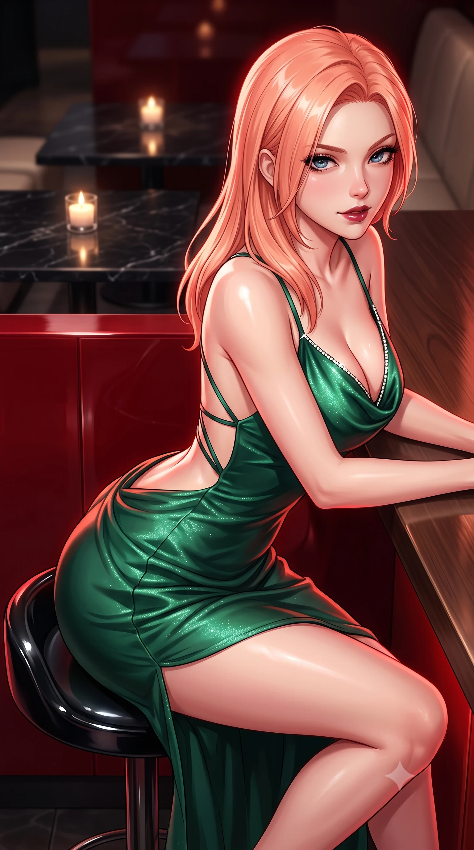 score_9, masterpiece, best quality, ultra-detailed, high-budget anime keyframe, semi-realistic 3D game render, editorial fashion photography, tasteful artistic composition, Japanese woman. close-up cowboy shot from the waist and thighs up, the character dominates the composition, filling the frame with her large presence. leaning forward over the counter while arching her lower back to accentuate her curvy hips, looking into the lens with a dangerous smoldering half-smile and bedroom-eyes while sitting on a high glossy black stool beside a polished crimson lacquer partition, arching her lower back with a tantalizing, smoldering smile. The composition keeps background elements in soft focus with dreamy creamy bokeh. flickering tea-light candles on black marble tables softened in moody lounge shallow focus. She has an exceptionally elegant, slender, and willowy female figure with an ultra-slim waist, flat toned midriff, narrow ribcage, and sculpted feminine hips creating an alluring, slim hourglass silhouette without bulk. sharp v-shaped jawline, high-bridge nose, intricate jewel-like dark sparkling eyes with dangerous depth, thick curled eyelashes, glossy parted lips with a rich wine sheen, smoldering seductive half-smile with bedroom-eyes, exuding effortless superiority and intoxicating dark allure, flawlessly proportioned anatomical accuracy, strict slender model proportions, natural body alignment, perfectly sculpted long slender limbs, ultra-slim waistline, clean dynamic posture without body distortion. wearing a cowl-neck emerald green silk satin slip dress with criss-cross back straps and hip-accentuating drape in dark mulberry wine and antique champagne, woven from metallic lurex thread casting subtle starlight glints across the fabric, finished with subtle crystal rhinestones lining the plunging neckline, the high-waisted tailoring accentuating her ultra-slim waistline and the enchanting curve of her feminine hips with alluring dark charm. illuminated by sharp specular highlights on skin and dark scarlet rim light sculpting her sculpted midriff, narrow waist, and curvy hips. highly saturated vibrant anime colors, detailed shading with soft gradients, rich glossy textures, high-contrast stereoscopic depth, volumetric dynamic lighting, master piece, 9:16 ratio