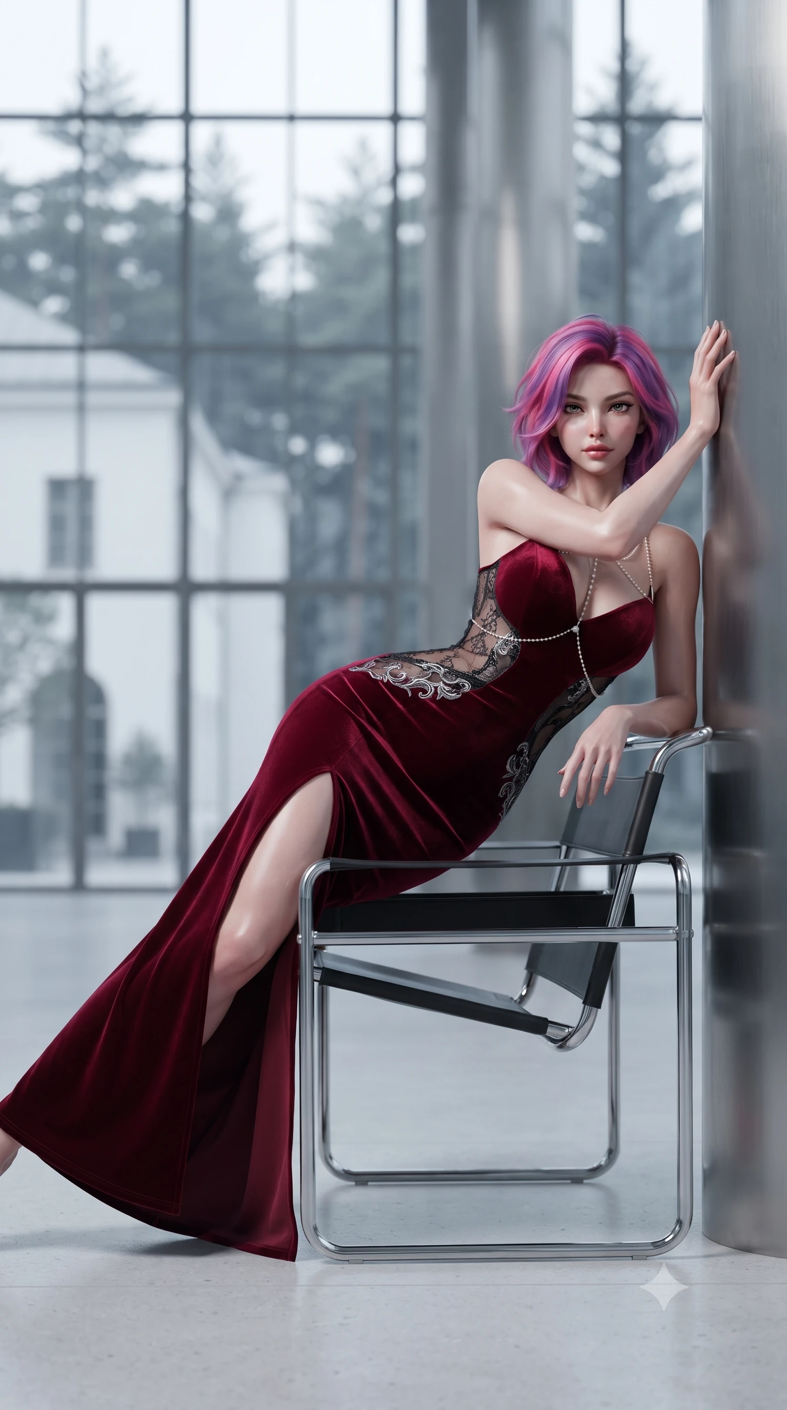 score_9, masterpiece, best quality, ultra-detailed, high-budget anime keyframe, editorial fashion photography, tasteful artistic composition, Caucasian woman. low angle full-body shot from head to toe showing her feet, filling the entire 9:16 vertical frame with her statuesque presence, stretching her vertical silhouette. standing tall beside the architectural column, one hand resting high while arching her lower back to emphasize her sculpted feminine hips and slender waist while lounging in an original Marcel Breuer tubular steel Wassily chair propped on one elbow, her flat midriff commanding the functionalist space. The background shows a soft-focus the monumental steel-framed glass facade, white stucco modernist buildings, and pine trees blurred into cool grey, optic white, and sage bokeh. She has an absolutely perfect, statuesque 8.5-heads proportion, an exceptionally tall and slender model-like female figure with impossibly long slender legs, an ultra-slim waist, a flat toned midriff, narrow delicate ribcage, and beautifully sculpted feminine hips creating a graceful, slim hourglass silhouette without any bulky heaviness. sharp v-shaped jawline, high-bridge nose, sparkling eyes with hypnotic seductive depth, thick curled eyelashes, glossy parted lips with a natural dewy peach sheen, alluring bedroom-eyes with an enchanting coquettish smile, exuding magnetic siren charisma and sophisticated glamour, flawlessly proportioned anatomical accuracy, strict slender model proportions, natural body alignment, perfectly sculpted long slender limbs, ultra-slim waistline, clean dynamic posture without body distortion. wearing a form-contouring deep crimson velvet bodycon gown with a daring hip-high slit and sheer black lace side cutouts in molten liquid silver and midnight charcoal with platinum highlights, woven from buttery-soft stretch lambskin leather adhering to her body like a second skin, accented with a pearl-drop body harness subtly framing her dewy collarbones and spine, the high-slit wrap tailoring accentuating her ultra-slim waistline and the enchanting curve of her feminine hips with alluring seductive charm. illuminated by chrome chair specular bounce and sharp platinum rim lights sculpting her jawline, flat midriff, and voluptuous hip curves. ultra-reflective glossy finish, specular highlights, rich textural contrasts, high-contrast stereoscopic depth, volumetric dynamic lighting, 2k, ultra detail, master piece, 9:16 ratio
