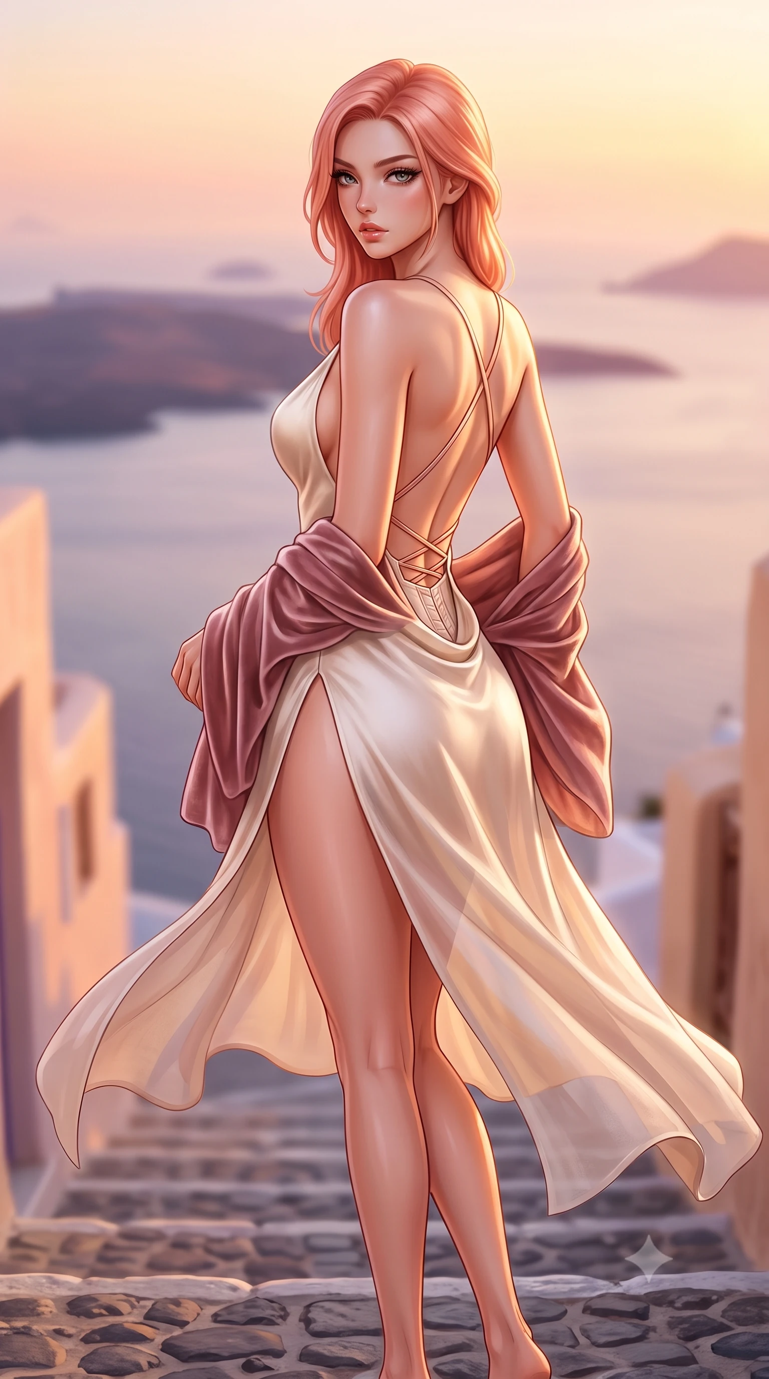 score_9, masterpiece, best quality, ultra-detailed, high-budget anime keyframe, semi-realistic 3D game render, editorial fashion photography, tasteful artistic composition, Japanese woman. close-up cowboy shot from the waist and thighs up, the character dominates the composition, filling the frame with her large presence. leaning back with relaxed seductive grace, her sculpted collarbones and narrow waist highlighted as she casts smoldering bedroom-eyes directly into the camera while walking down the narrow cobblestone village steps with supermodel poise, her sheer linen dress fluttering to reveal her long slender legs. The composition keeps background elements in soft focus with creamy bokeh. endless Aegean caldera sea and volcanic island silhouettes blurred into pastel peach, violet, and molten gold bokeh. She has an exceptionally elegant, slender, and willowy female figure with an ultra-slim waist, flat toned midriff, narrow ribcage, and sculpted feminine hips creating an alluring, slim hourglass silhouette without bulk. sharp v-shaped jawline, high-bridge nose, intricate jewel-like eyes with depth, thick eyelashes, glossy parted lips with a natural sheen, intensely captivating and seductive bedroom-eyes expression, flawlessly proportioned anatomical accuracy, strict slender model proportions, natural body alignment, perfectly sculpted long slender limbs, ultra-slim waistline, clean dynamic posture without body distortion. wearing a backless cowl-neck satin slip dress featuring high-cut side hip slits and delicate criss-cross back straps in vintage champagne ivory and delicate rose gold, made of fluid silk crepe with delicate inner corsetry boning, complemented by a plush velvet shawl draped loosely over her elbows, the dramatically scooped open back descending to the base of her spine, accentuating her razor-sharp statuesque lines and slim hourglass silhouette. surrounded by an idyllic, sun-drenched, and breathlessly romantic Aegean goddess aura. highly saturated vibrant anime colors, detailed shading with soft gradients, rich glossy textures, high-contrast stereoscopic depth, volumetric dynamic lighting, master piece, 9:16 ratio