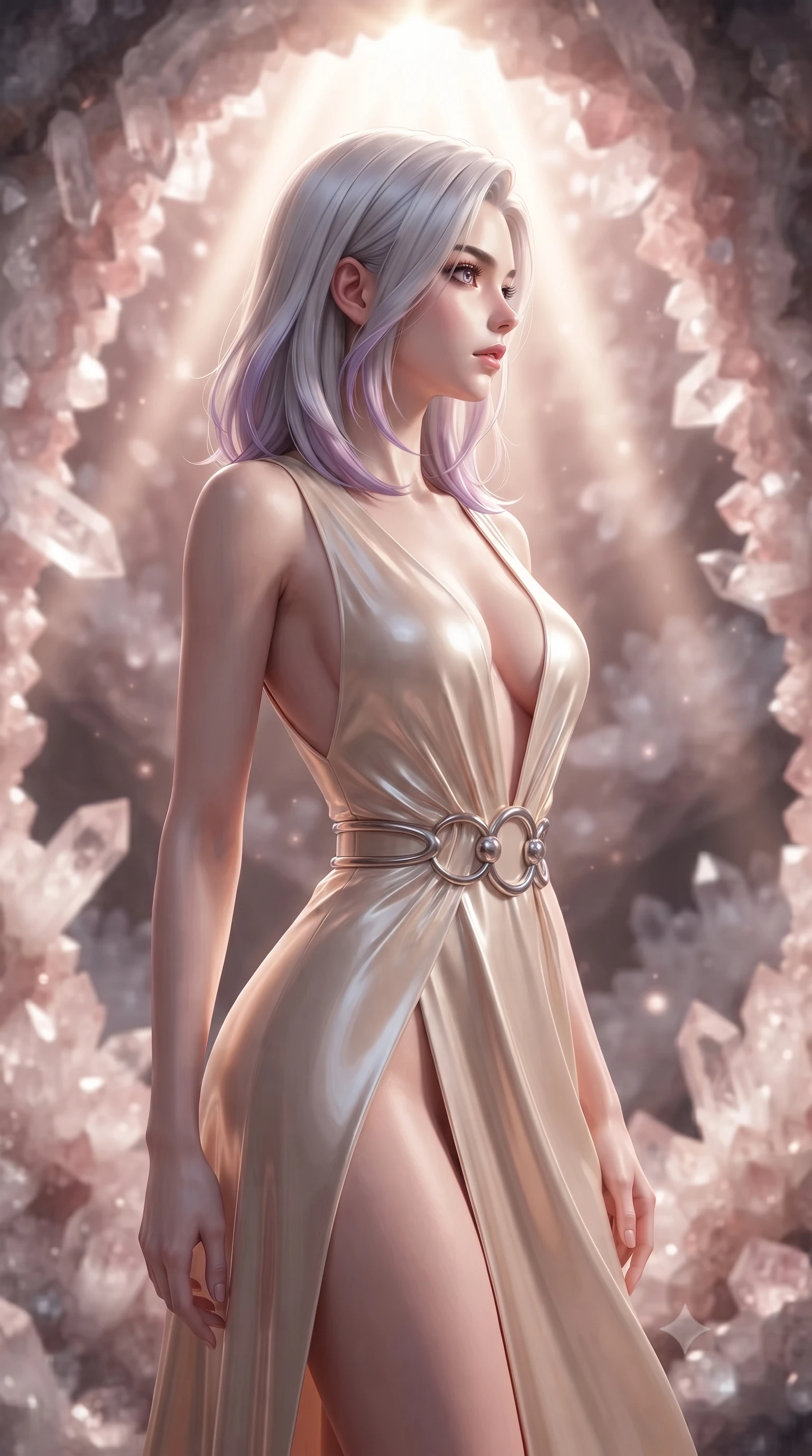 score_9, masterpiece, best quality, ultra-detailed, high-budget anime keyframe, editorial fashion photography, tasteful artistic composition, Caucasian woman. close-up cowboy shot from the waist and thighs up, the character dominates the composition, filling the frame with her large presence, background elements kept in soft focus. Turning her face in sharp dramatic profile against the radiant light, navigating a crystal cavern filled with suspended quartz clusters glinting in sunbeams, soft rose-gold inner glow radiating from the geode walls. She has an exceptionally elegant, slender, and willowy female figure with an ultra-slim waist, a gracefully sculpted slender torso, and a refined silhouette. sharp v-shaped jawline, high-bridge nose, intricate jewel-like eyes with depth, thick eyelashes, glossy lips with a natural sheen. wearing deep plunging V-neckline champagne silk gown with daring high thigh slit in radiant platinum, made of high-gloss liquid pearl vinyl, accented with sculpted opal chrome rings at the waist, contouring every curve with an exceptionally elegant silhouette. bathed in warm sunbeams piercing the top of the geode cavern. highly saturated vibrant anime colors, detailed shading with soft gradients, rich glossy textures, high-contrast stereoscopic depth, volumetric dynamic lighting, master piece, 9:16 ratio