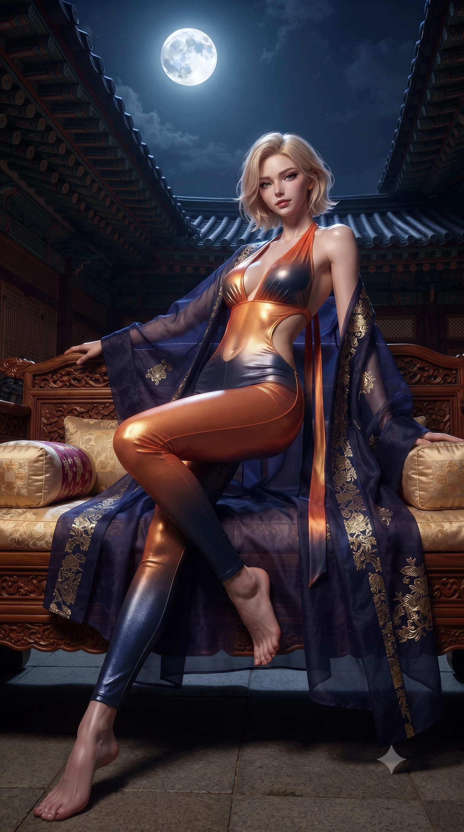 score_9, masterpiece, best quality, ultra-detailed, high-budget anime keyframe, editorial fashion photography, tasteful artistic composition, Caucasian woman. low angle full-body shot from head to toe showing her feet, filling the entire 9:16 vertical frame with her statuesque presence, stretching her vertical silhouette. lounging on the lavish daybed with legs crossed and hips angled toward the camera, displaying her toned midriff and long slender limbs with effortless siren poise while twisting her slender torso in an alluring contrapposto stance, cool night breezes fluttering her sheer silk robe around her narrow waist and curvy hips. The surrounding environment is rendered in vivid detail and crisp panoramic clarity: detailed embroidered silk norigae weave, moonlight glints on skin, and historic royal pavilion architecture in razor-sharp precision. She has an absolutely perfect, statuesque 8.5-heads proportion, an exceptionally tall and slender model-like female figure with impossibly long slender legs, an ultra-slim waist, a flat toned midriff, narrow delicate ribcage, and beautifully sculpted feminine hips creating a graceful, slim hourglass silhouette without any bulky heaviness. sharp v-shaped jawline, high-bridge nose, sparkling eyes with hypnotic seductive depth, thick curled eyelashes, glossy parted lips with a natural dewy peach sheen, alluring bedroom-eyes with an enchanting coquettish smile, exuding magnetic siren charisma and sophisticated glamour, flawlessly proportioned anatomical accuracy, strict slender model proportions, natural body alignment, perfectly sculpted long slender limbs, ultra-slim waistline, clean dynamic posture without body distortion. wearing a liquid metallic lamé plunge halterneck jumpsuit clinging like a second skin with high-cut side hip cutouts in sunset tangerine orange and deep navy indigo, made of delicate semi-sheer Korean gossamer organza with subtle pearlescent glints, finished with long silk ribbon ties fluttering down her bare spine from a backless halter, the high-slit wrap tailoring accentuating her ultra-slim waistline and the enchanting curve of her feminine hips with alluring seductive charm. bathed in pure silver moonlight cascading directly from the harvest full moon above. ultra-reflective glossy finish, specular highlights, rich textural contrasts, high-contrast stereoscopic depth, volumetric dynamic lighting, 2k, ultra detail, master piece, 9:16 ratio