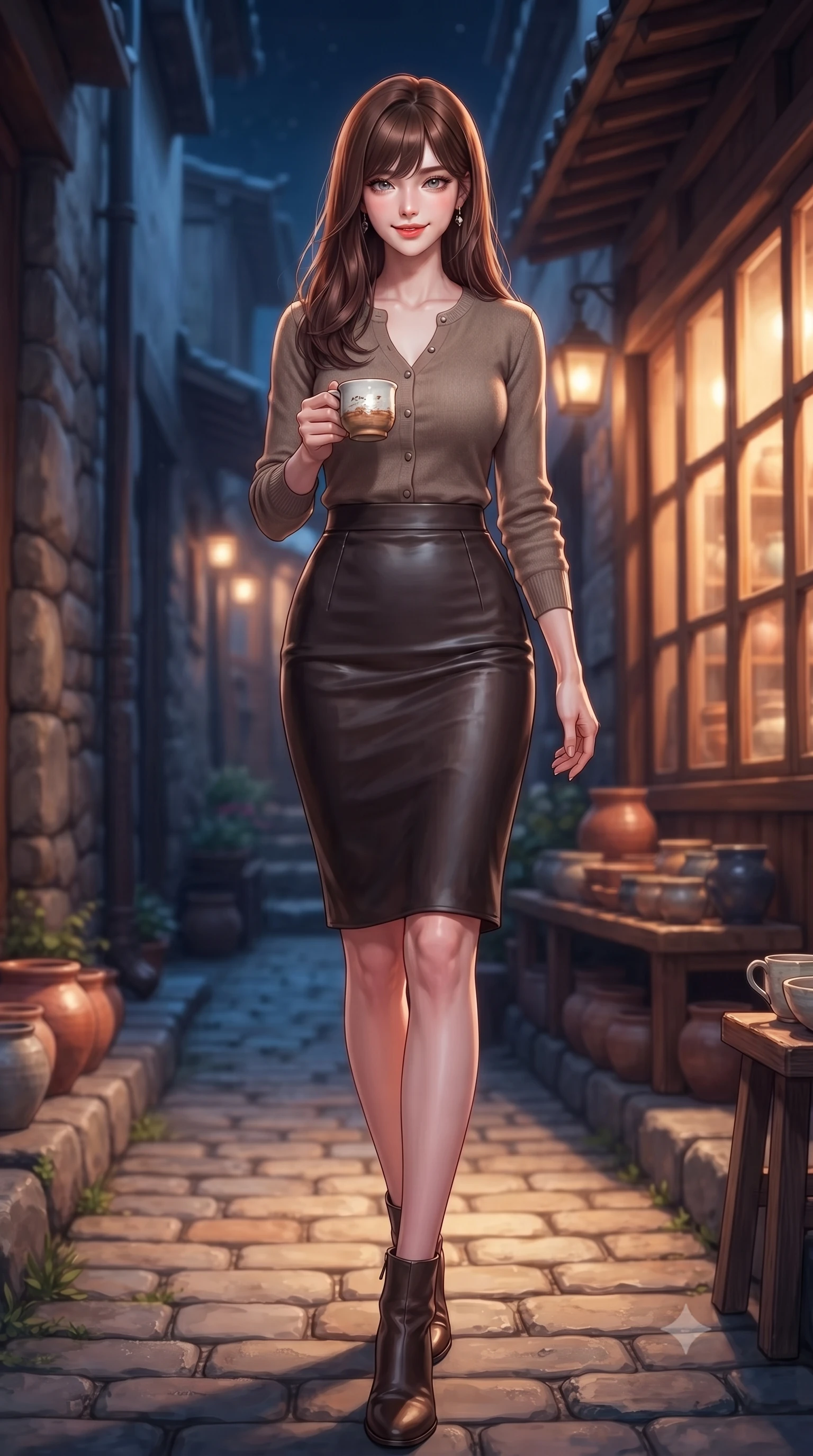 score_9, masterpiece, best quality, ultra-detailed, high-budget anime keyframe, editorial fashion photography, tasteful artistic composition, Korean woman. low angle full-body shot from head to toe showing her feet, filling the entire 9:16 vertical frame with her statuesque presence, stretching her vertical silhouette. stepping forward with an alluring, magnetic smile, her graceful posture highlighting her statuesque silhouette set against a soft-focus background of in a narrow cobblestone alley next to a cozy handmade pottery shop holding a delicate handmade ceramic mug with a warm grin. She has an absolutely perfect, statuesque 8.5-heads proportion, an exceptionally tall and slender model-like female figure with impossibly long slender legs and an ultra-slim waist. sharp v-shaped jawline, high-bridge nose, intricate jewel-like eyes with depth, thick eyelashes, glossy lips with a natural sheen. wearing slim-fit tight-fitting cashmere cardigan closed, paired with a sleek leather midi skirt. warm glow from the shop windows clashing with the cool blue alley shadows. highly saturated vibrant anime colors, detailed shading with soft gradients, rich glossy textures, high-contrast stereoscopic depth, volumetric dynamic lighting, master piece, 9:16 ratio