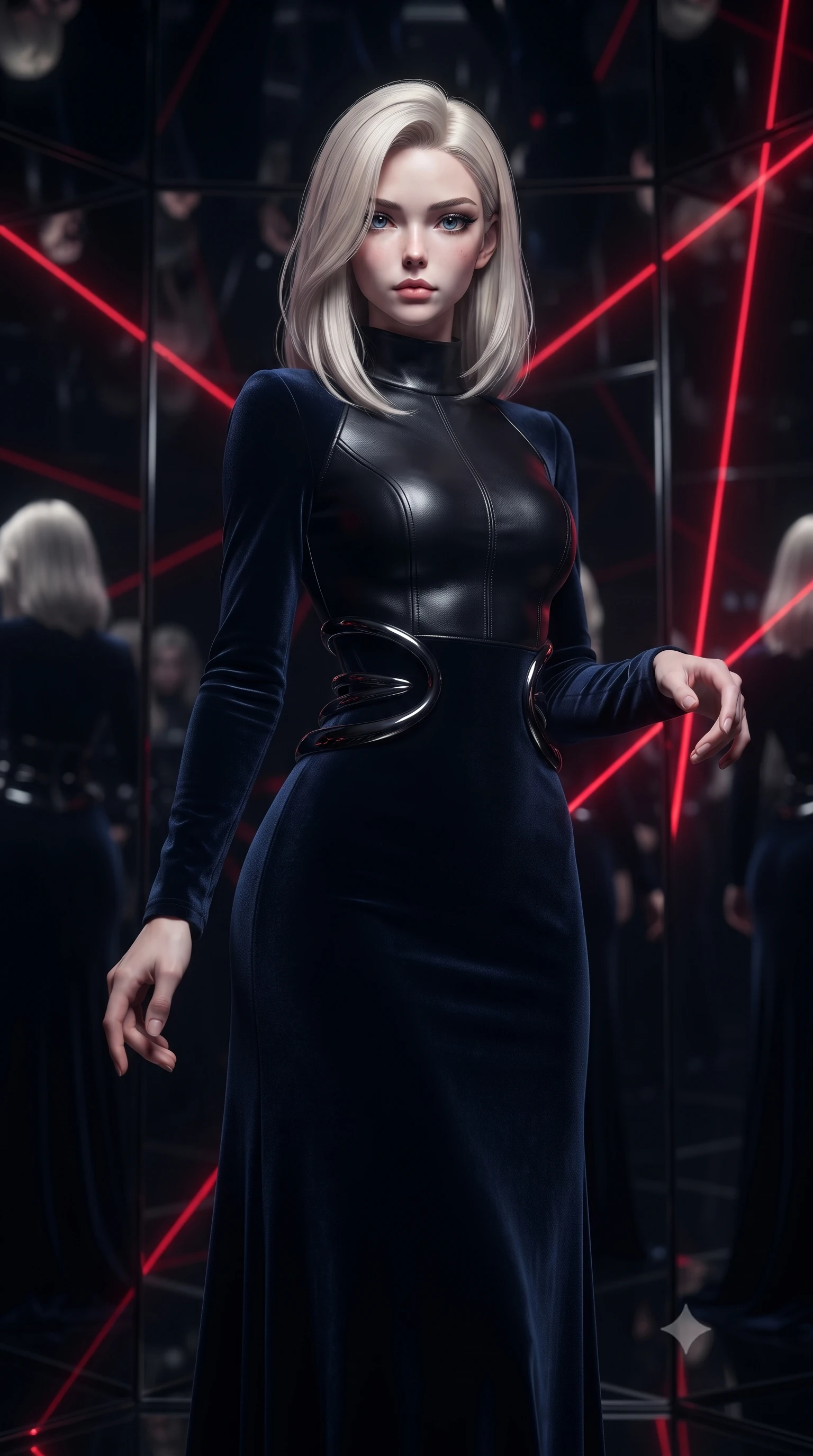 score_9, masterpiece, best quality, ultra-detailed, high-budget anime keyframe, editorial fashion photography, tasteful artistic composition, Caucasian woman. close-up cowboy shot from the waist and thighs up, the character dominates the composition, filling the frame with her large presence, background elements kept in soft focus. Reaching one hand toward the viewer with relaxed dark elegance, inside a pitch-black kaleidoscope chamber lined with rotating dark chrome mirrors, high-contrast black-and-silver reflections dancing across mirror surfaces. She has an exceptionally elegant, slender, and willowy female figure with an ultra-slim waist, a gracefully sculpted slender torso, and a refined silhouette. sharp v-shaped jawline, high-bridge nose, intricate jewel-like eyes with depth, thick eyelashes, glossy lips with a natural sheen. wearing floor-length high-neck midnight navy velvet gown with long sleeves in pitch-black onyx, made of polished black leather, accented with sculpted obsidian chrome rings at the waist, sculpting her athletic slender build with refined precision. illuminated by sharp crimson laser light multiplying through dark chrome mirrors. highly saturated vibrant anime colors, detailed shading with soft gradients, rich glossy textures, high-contrast stereoscopic depth, volumetric dynamic lighting, master piece, 9:16 ratio