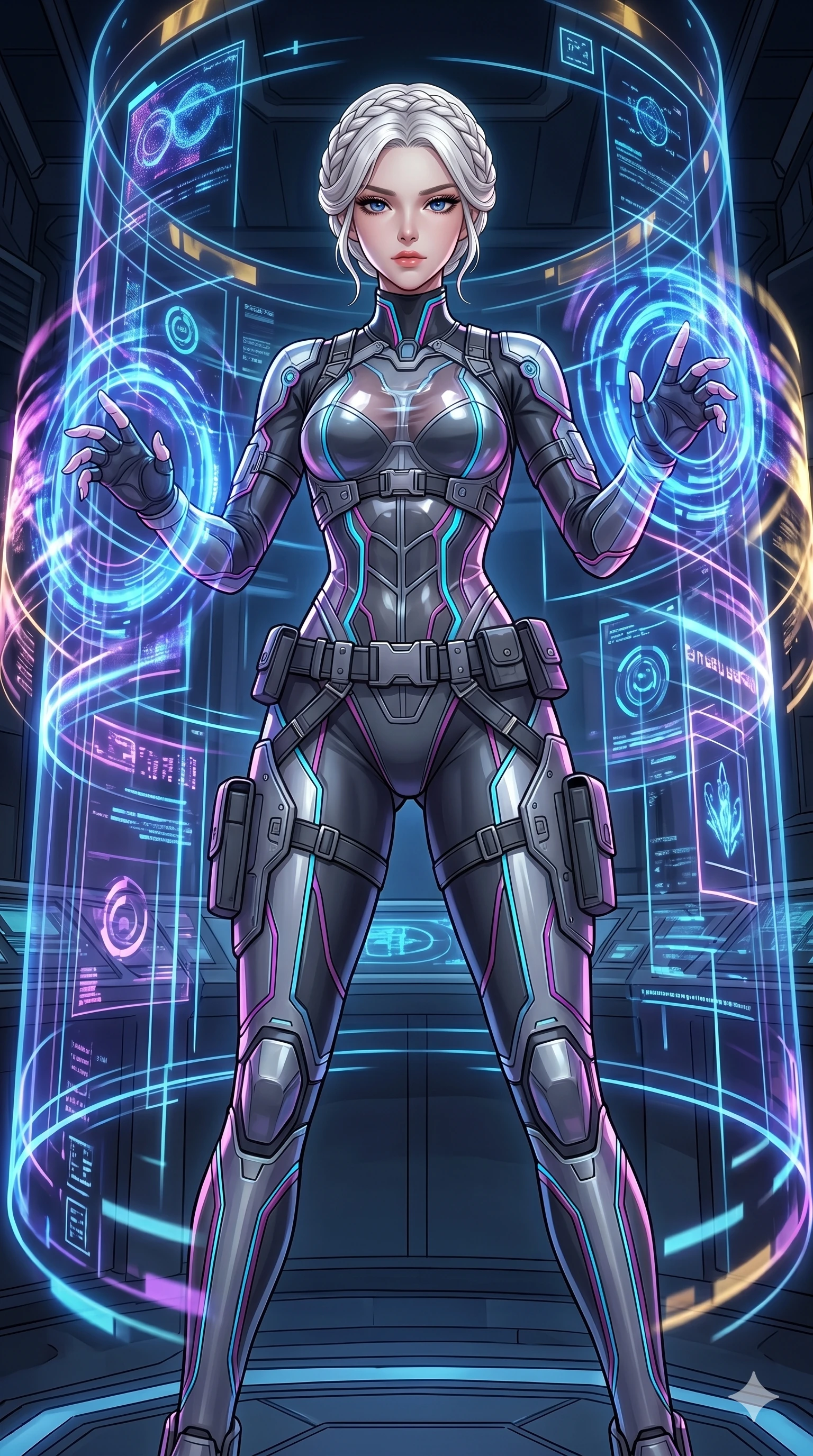 score_9, masterpiece, best quality, ultra-detailed, high-budget anime movie keyframe, cinematic anime lighting, intricate line art, Korean woman. Low angle cowboy shot capturing a powerful motion and statuesque presence. operating a holographic console that surrounds her like a cage. She has an absolutely perfect 8-heads proportion, an exceptionally tall and slender female figure with an ultra-slim waist and impossibly long slender legs. strictly human anatomy, two legs only, no extra limbs, clearly defined legs and arms, perfect anatomy, perfect hands and fingers. sharp v-shaped jawline, high-bridge nose, intricate jewel-like eyes, thick eyelashes, glossy lips. Wearing Tech-Fantasy: Cybernetic tech-suit with glowing seams, translucent PVC over leotard, and modular tactical gear. The scene is illuminated by dramatic atmospheric lighting and vibrant color palettes. , 2k, ultra detail, master piece, 9:16 ratio