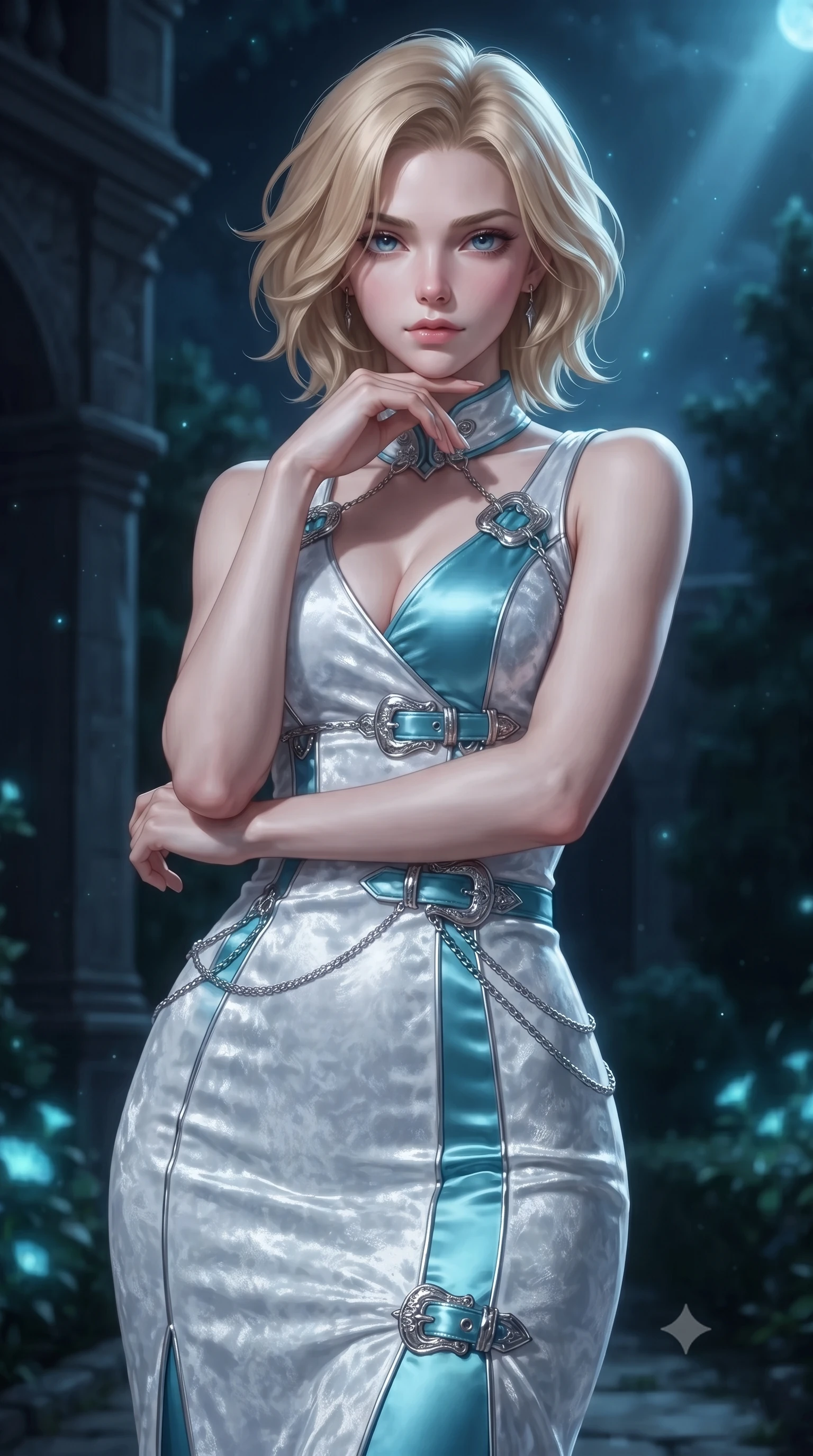 score_9, masterpiece, best quality, ultra-detailed, high-budget anime keyframe, editorial fashion photography, tasteful artistic composition, Caucasian woman. close-up cowboy shot from the waist and thighs up, the character dominates the composition, filling the frame with her large presence, background elements kept in soft focus. Resting her chin on the backs of her fingers with an air of effortless superiority, navigating a night garden as moonflower petals release soft turquoise light dust, dark stone architecture and shadowy garden trees in soft background focus. She has an exceptionally elegant, slender, and willowy female figure with an ultra-slim waist, a gracefully sculpted slender torso, and a refined silhouette. sharp v-shaped jawline, high-bridge nose, intricate jewel-like eyes with depth, thick eyelashes, glossy lips with a natural sheen. wearing sculpted form-fitting crushed white velvet column gown in sky blue turquoise, made of soft rose-gold satin, framed by polished silver buckles and delicate chain details, sculpting her athletic slender build with refined precision. illuminated by soft bioluminescent turquoise light from moonflowers and silver moonbeams. ultra-reflective glossy finish, specular highlights, metallic sheen, high-contrast stereoscopic depth, volumetric dynamic lighting, 2k, ultra detail, master piece, 9:16 ratio
