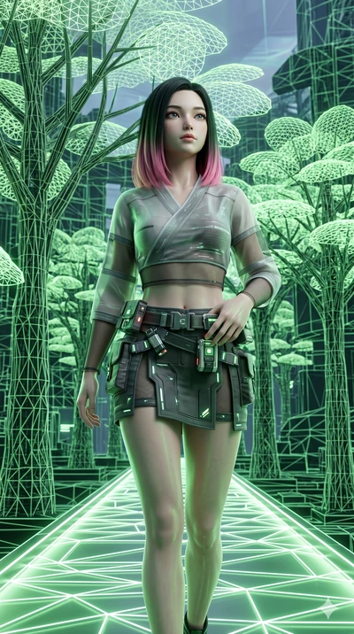 score_9, masterpiece, best quality, ultra-detailed, high-budget anime keyframe, semi-realistic 3D game render, Korean woman. Upper body close-up from the thighs up, character filling the screen for maximum presence. Inside a virtual reality forest of