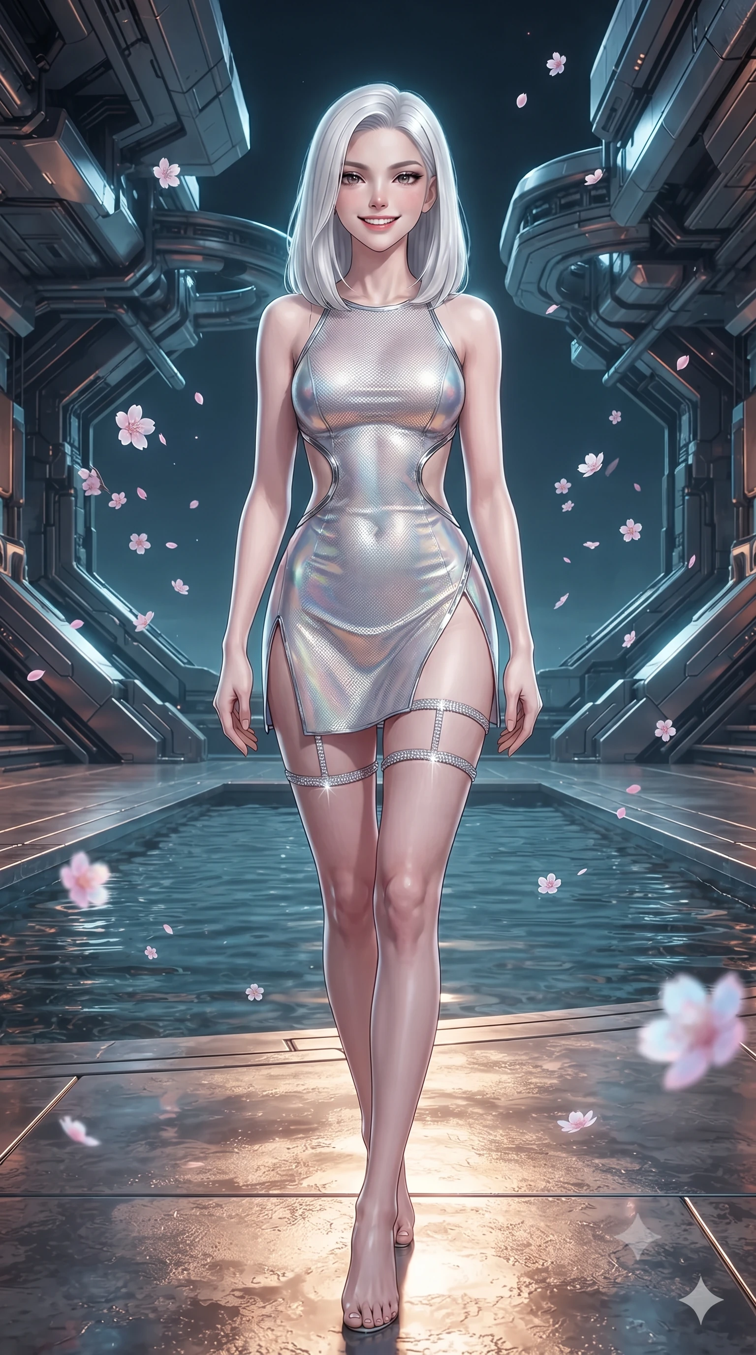 score_9, masterpiece, best quality, ultra-detailed, high-budget anime keyframe, editorial fashion photography, tasteful artistic composition, Korean woman. low angle full-body shot from head to toe showing her feet, filling the entire 9:16 vertical frame with her statuesque presence, stretching her vertical silhouette. stepping slowly toward the camera with hypnotic grace, hips swaying in an alluring sensual rhythm that accentuates her curvy hourglass silhouette and long slender legs while twisting her slender torso in an alluring contrapposto stance beside the shallow reflecting pool, holographic cherry blossoms caressing her narrow waist and curvy hips. The surrounding environment is rendered in vivid detail and crisp panoramic clarity: detailed garment seam lines, metallic cyber-trim, and advanced aerospace architecture in razor-sharp precision. She has an exceptionally tall and slender model-like 8.5-heads proportion, an ultra-slim waist, a flat toned midriff, narrow delicate ribcage, and beautifully sculpted feminine hips creating a graceful, slim hourglass silhouette without any bulky heaviness, with impossibly long slender legs. sharp v-shaped jawline, high-bridge nose, intricate jewel-like sparkling eyes with depth, thick eyelashes, glossy parted lips with a natural peach sheen, bright cheerful beaming smile with an enchanting and coquettish sensual glint, exuding both youthful cute charm and seductive allure, flawlessly proportioned anatomical accuracy, strict slender model proportions, natural body alignment, perfectly sculpted long slender limbs, ultra-slim waistline, clean dynamic posture without body distortion. wearing a provocative open-waist cutout mini dress framed by polished chrome hardware and thigh-high slit in iridescent mother-of-pearl and liquid molten silver, crafted from stretch micro-mesh with liquid foil coating that shimmers with every movement, finished with delicate crystal-encrusted thigh garter straps glinting in the dim light, the form-contouring silhouette accentuating her sculpted flat midriff, narrow delicate ribcage, and gracefully curvy hips with intoxicating allure. illuminated by floor pool reflection bounce and sharp laser-cyan rim lights sculpting her razor-sharp jawline, narrow waist, and curvy hips. ultra-reflective glossy finish, specular highlights, rich textural contrasts, high-contrast stereoscopic depth, volumetric dynamic lighting, 2k, ultra detail, master piece, 9:16 ratio