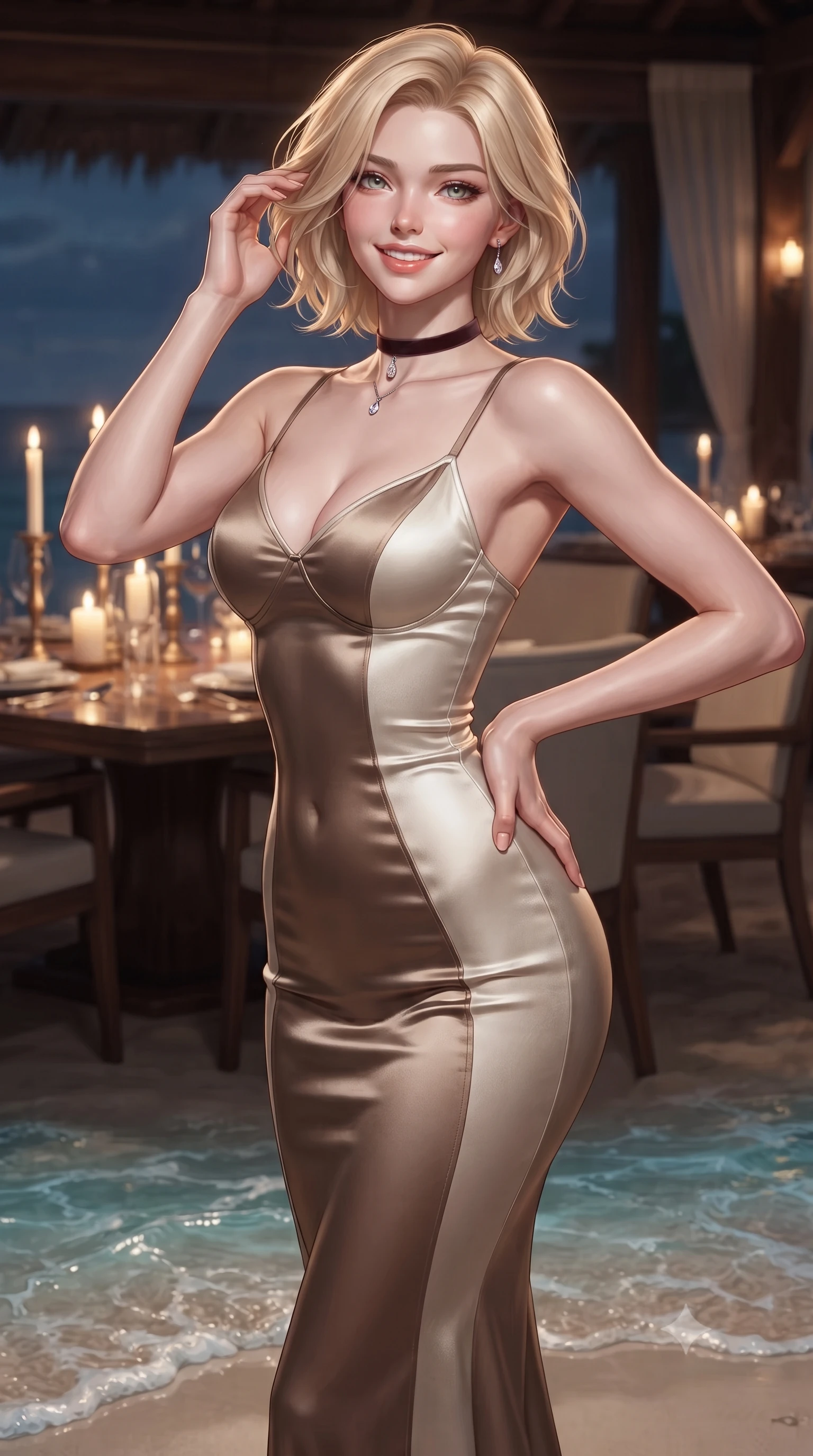 score_9, masterpiece, best quality, ultra-detailed, high-budget anime keyframe, editorial fashion photography, tasteful artistic composition, Caucasian woman. close-up cowboy shot from the waist and thighs up, the character dominates the composition, filling the frame with her large presence. twisting her slender torso in an alluring contrapposto stance, one hand resting on her sculpted hip while her fingers toy with her hair with effortless poise while twisting her slender torso in an alluring contrapposto stance beside the candlelit dining table, gentle lapping waves caressing the sand at her feet. The surrounding environment is rendered in vivid detail and crisp panoramic clarity: detailed garment cut, bodycon tailoring, and untouched natural sandbank textures in razor-sharp precision. She has an exceptionally elegant, slender, and willowy female figure with an ultra-slim waist, flat toned midriff, narrow ribcage, and sculpted feminine hips creating an alluring, slim hourglass silhouette without bulk. sharp v-shaped jawline, high-bridge nose, intricate jewel-like sparkling eyes with depth, thick eyelashes, glossy parted lips with a natural peach sheen, bright cheerful beaming smile with an enchanting and coquettish sensual glint, exuding both youthful cute charm and seductive allure, flawlessly proportioned anatomical accuracy, strict slender model proportions, natural body alignment, perfectly sculpted long slender limbs, ultra-slim waistline, clean dynamic posture without body distortion. wearing a sculpted liquid satin bias-cut slip dress tailored with contouring seams that adhere flawlessly over her feminine hips in antique bronze copper and dewy ivory silk, crafted from bespoke double-faced cashmere with an exceptionally soft tactile finish, finished with a thin velvet ribbon choker and a single teardrop diamond pendant, the second-skin tailored fabric adhering flawlessly to her sculpted flat midriff and slender torso, emphasizing her long leg lines and perfectly proportioned willowy build. illuminated by white sand reflection bounce and sharp flame-gold rim lights sculpting her razor-sharp jawline, narrow waist, and curvy hips. ultra-reflective glossy finish, specular highlights, rich textural contrasts, high-contrast stereoscopic depth, volumetric dynamic lighting, 2k, ultra detail, master piece, 9:16 ratio