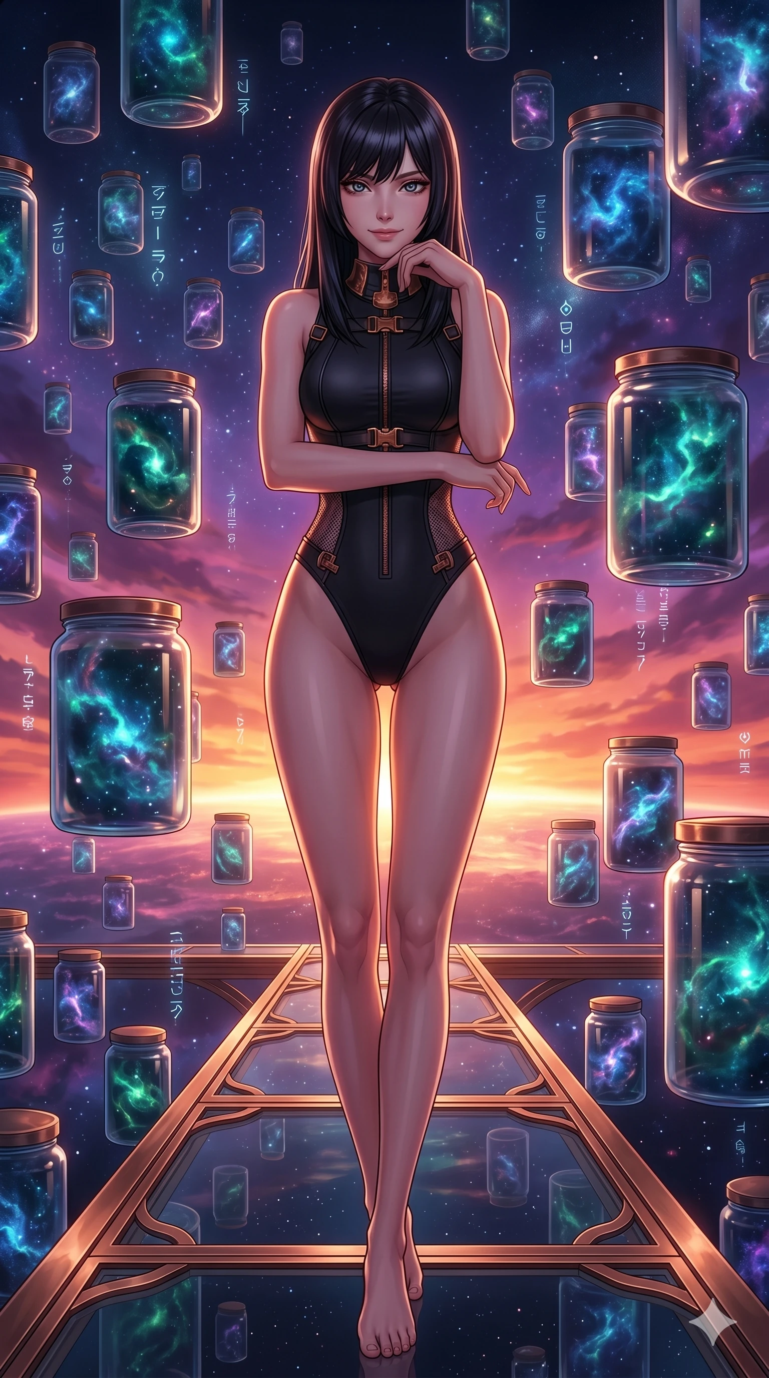 score_9, masterpiece, best quality, ultra-detailed, high-budget anime keyframe, editorial fashion photography, tasteful artistic composition, Caucasian woman, strictly human ears. cowboy shot from the thighs up, character and outfit filling the frame for maximum editorial presence. Resting her chin on the backs of her fingers with a confident, self-assured gaze inside a cosmic treasury where glowing nebulous plasma is stored in floating glass jars, as faint echoes of digital chimes float through the space. She has an absolutely perfect 8-heads proportion, an exceptionally tall and slender female figure with impossibly long slender legs and an ultra-slim waist. V-shaped jawline, high-bridge nose, intricate jewel-like eyes with depth, thick eyelashes, glossy lips with a natural sheen. wearing a precision-fitted bodysuit in matte black featuring copper-toned hardware and mesh side cutouts. drenched in a warm sunset glow with deep orange and magenta tones wrapping her statuesque figure. 2k, ultra detail, master piece, 9:16 ratio