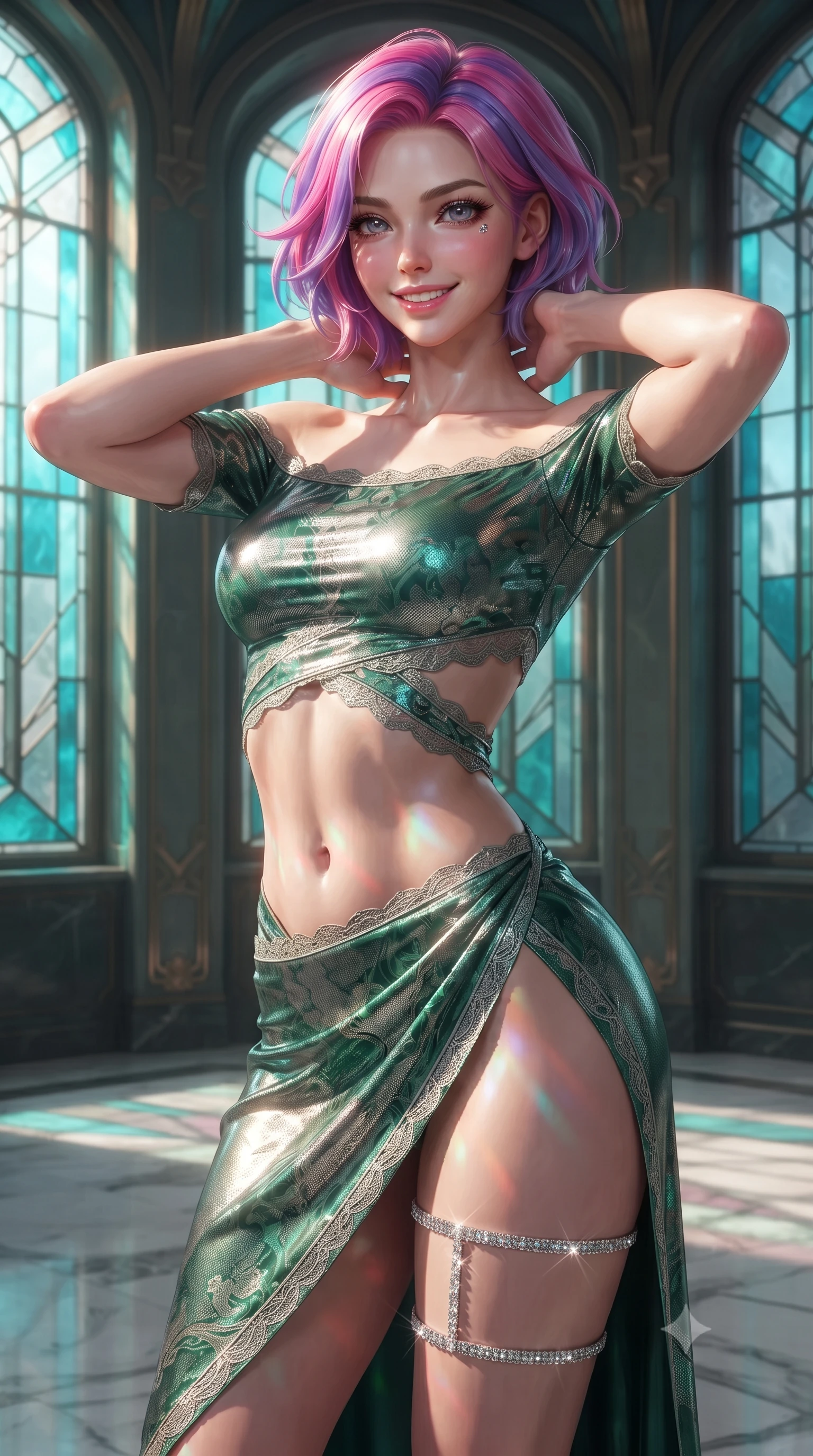 score_9, masterpiece, best quality, ultra-detailed, high-budget anime keyframe, editorial fashion photography, tasteful artistic composition, Caucasian woman. close-up cowboy shot from the waist and thighs up, the character dominates the composition, filling the frame with her large presence. resting both hands lightly behind her neck with elbows raised, arching her spine to highlight her narrow waist, flat midriff, and breathtaking collarbones while twisting her slender torso in an alluring contrapposto stance, shimmering turquoise and topaz stained-glass light caressing her narrow waist and curvy hips. The surrounding environment is rendered in vivid detail and crisp panoramic clarity: detailed garment folds, intricate lace or tailored seams, and master Secessionist craft in razor-sharp precision. She has an exceptionally elegant, slender, and willowy female figure with an ultra-slim waist, flat toned midriff, narrow ribcage, and sculpted feminine hips creating an alluring, slim hourglass silhouette without bulk. sharp v-shaped jawline, high-bridge nose, intricate jewel-like sparkling eyes with depth, thick eyelashes, glossy parted lips with a natural peach sheen, bright cheerful beaming smile with an enchanting and coquettish sensual glint, exuding both youthful cute charm and seductive allure, flawlessly proportioned anatomical accuracy, strict slender model proportions, natural body alignment, perfectly sculpted long slender limbs, ultra-slim waistline, clean dynamic posture without body distortion. wearing an alluring off-the-shoulder crop top with asymmetrical side-torso cutouts and a high-slit wrap skirt in Art Nouveau malachite green and antique starlight silver, crafted from stretch micro-mesh with liquid foil coating that shimmers with every movement, finished with delicate crystal-encrusted thigh garter straps glinting in the dim light, the high-slit wrap tailoring accentuating her ultra-slim waistline and the enchanting curve of her feminine hips with alluring seductive charm. illuminated by marble floor reflection bounce and sharp rose-gold rim lights sculpting her jawline, narrow waist, and curvy hips. ultra-reflective glossy finish, specular highlights, rich textural contrasts, high-contrast stereoscopic depth, volumetric dynamic lighting, 2k, ultra detail, master piece, 9:16 ratio
