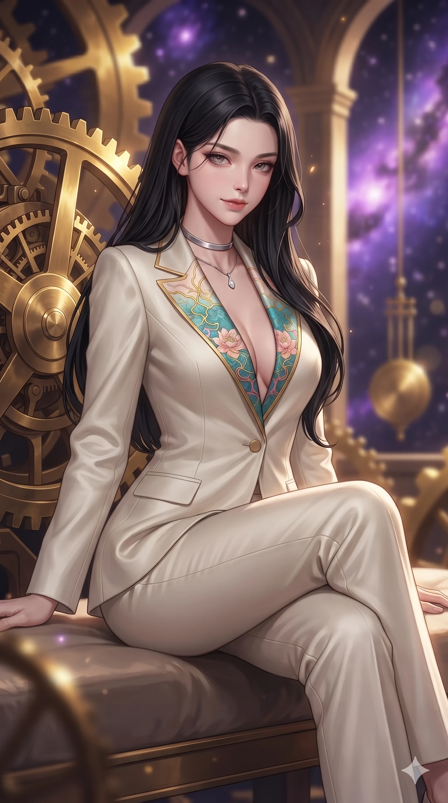 score_9, masterpiece, best quality, ultra-detailed, high-budget anime keyframe, editorial fashion photography, tasteful artistic composition, Korean woman. close-up cowboy shot from the waist and thighs up, the character dominates the composition, filling the frame with her large presence. perched sideways on the lounge seat, one knee drawn up to showcase her slender leg line while her arched back accentuates her feminine hip curve while leaning against the massive escapement wheel with hips cocked back, watching glowing purple nebulae drift through soaring open arches with heavy-lidded bedroom-eyes. The background shows a soft-focus colossal rotating brass cogwheels, sweeping clockwork pendulums, and vibrant purple stellar nebulae blurred into gold, amber, and violet bokeh. She has an exceptionally elegant, slender, and willowy female figure with an ultra-slim waist, flat toned midriff, narrow ribcage, and sculpted feminine hips creating an alluring, slim hourglass silhouette without bulk. sharp v-shaped jawline, high-bridge nose, intricate jewel-like sparkling eyes with depth, thick eyelashes, glossy parted lips with a natural peach sheen, bright cheerful beaming smile with an enchanting and coquettish sensual glint, exuding both youthful cute charm and seductive allure, flawlessly proportioned anatomical accuracy, strict slender model proportions, natural body alignment, perfectly sculpted long slender limbs, ultra-slim waistline, clean dynamic posture without body distortion. wearing a bespoke celestial tailored pantsuit in liquid ivory silk with golden kintsugi embroidery tracing the lapels in subterranean lagoon turquoise and lotus blossom pink, crafted from bespoke double-faced cashmere with an exceptionally soft tactile finish, finished with a minimalist chrome choker and a single teardrop diamond pendant, the impeccably tailored cut draping gracefully along her slender figure with aristocratic poise. illuminated by gear train reflection bounce and sharp gold-violet rim lights sculpting her razor-sharp jawline, narrow waist, and curvy hips. ultra-reflective glossy finish, specular highlights, rich textural contrasts, high-contrast stereoscopic depth, volumetric dynamic lighting, 2k, ultra detail, master piece, 9:16 ratio