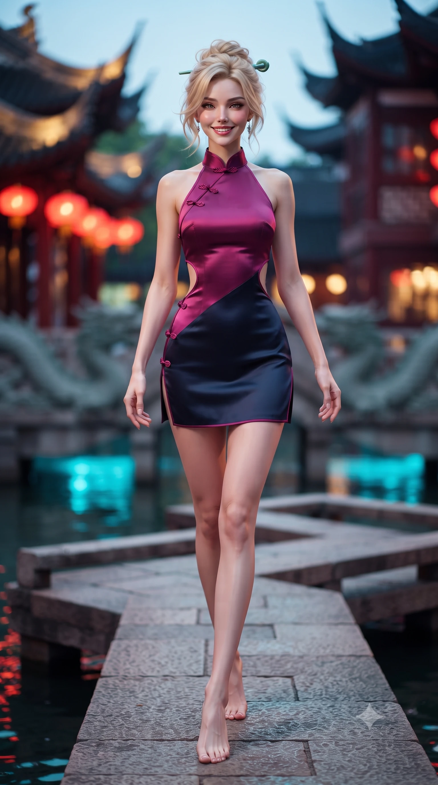 score_9, masterpiece, best quality, ultra-detailed, high-budget anime keyframe, editorial fashion photography, tasteful artistic composition, Caucasian woman. low angle full-body shot from head to toe showing her feet, filling the entire 9:16 vertical frame with her statuesque presence, stretching her vertical silhouette. stepping forward gracefully across the stone bridge in mid-motion with a radiant beaming smile, hips swaying in an alluring kinetic rhythm that accentuates her curvy hourglass silhouette and long slender legs while standing centered on the historic Nine-Turn zigzag stone bridge, arching her back with high-fashion poise as glowing dragon wall eaves frame the water. The background shows a soft-focus sweeping upturned pagoda roofs with carved undulating dragon walls blurred into rich vermilion, imperial gold, and midnight blue bokeh. She has an absolutely perfect, statuesque 8.5-heads proportion, an exceptionally tall and slender model-like female figure with impossibly long slender legs, an ultra-slim waist, a flat toned midriff, narrow delicate ribcage, and beautifully sculpted feminine hips creating a graceful, slim hourglass silhouette without any bulky heaviness. sharp v-shaped jawline, high-bridge nose, intricate jewel-like dark sparkling almond eyes with depth, thick lashes, glossy parted lips with a natural rose-plum sheen, bright alluring and coquettish smile with bedroom-eyes, exuding both timeless oriental elegance and sovereign high-fashion allure, flawlessly proportioned anatomical accuracy, strict slender model proportions, natural body alignment, perfectly sculpted long slender limbs, ultra-slim waistline, clean dynamic posture without body distortion. wearing a backless halter qipao mini dress with delicate frog-button closures and side waist cutouts framing her hourglass curves in deep lotus magenta and matte midnight navy, crafted from heavy fluid silk satin with a liquid mirror-like sheen, featuring a modern sculptural jade hair pin securing her loose silky updo, the high-waisted wrap tailoring accentuating her ultra-slim waistline and the enchanting curve of her feminine hips with alluring oriental charm. bathed in vibrant red lantern warmth and cool electric cyan water reflections. ultra-reflective glossy finish, specular highlights, rich textural contrasts, high-contrast stereoscopic depth, volumetric dynamic lighting, 2k, ultra detail, master piece, 9:16 ratio