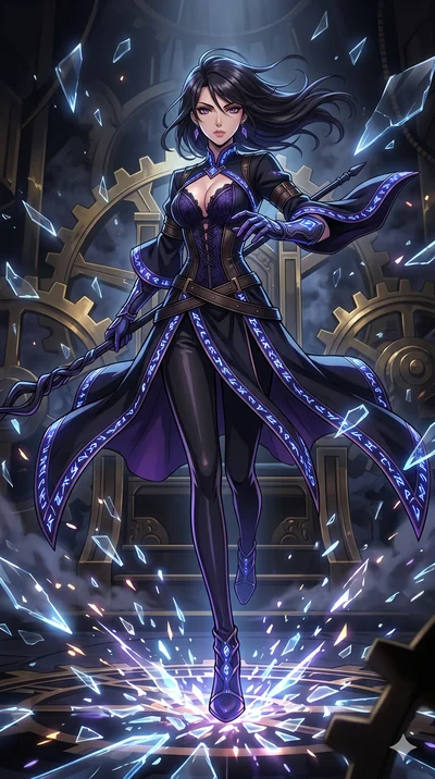 score_9, masterpiece, best quality, ultra-detailed, Set A: High-budget Anime Keyframe, Japanese woman. Low angle cowboy shot filling the entire 9:16 frame with her statuesque presence. Sprinting through a throne of gears, as the ground beneath her tu