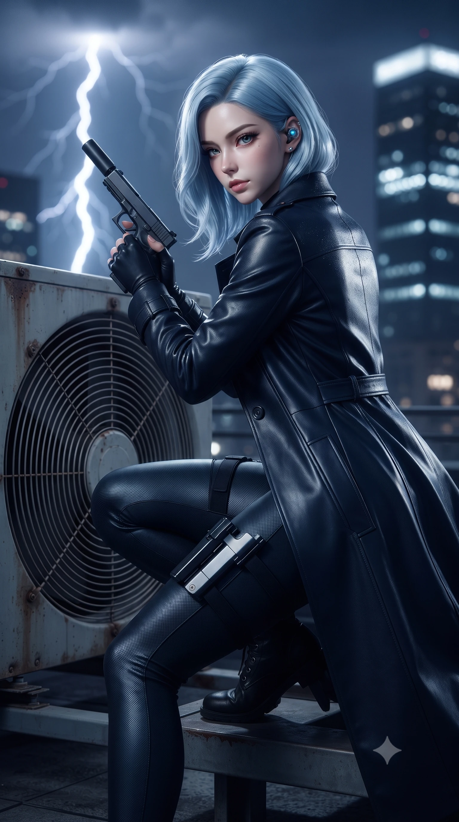 score_9, masterpiece, best quality, ultra-detailed, high-budget anime keyframe, editorial fashion photography, tasteful artistic composition, Korean woman. close-up cowboy shot from the waist and thighs up, the character dominates the composition, filling the frame with her large presence. turning over her shoulder with an indomitable, smoldering gaze, her soft hair framing her razor-sharp v-shaped jawline while drawing her sleek silenced sidearm in a fluid tactical draw while crouching behind an air-conditioning turbine unit. The composition keeps background elements in soft focus with creamy bokeh. violent lightning forks and distant glowing skyscraper crowns blurred into charcoal, slate-blue, and electric white bokeh. She has an exceptionally elegant, slender, and willowy female figure with an ultra-slim waist, a gracefully sculpted slender torso, toned flat midriff, and a refined slim silhouette. sharp v-shaped jawline, high-bridge nose, intricate jewel-like eyes with depth, thick eyelashes, glossy lips with a natural sheen, captivating and magnetic expression, flawlessly proportioned anatomical accuracy, strict slender model proportions, natural body alignment, perfectly sculpted long slender limbs, ultra-slim waistline, clean dynamic posture without body distortion. wearing a sleek second-skin dark carbon-weave infiltration catsuit paired with a tailored long leather trench coat in stealth obsidian black and midnight navy, crafted from flexible ballistic matte leather and ultra-sleek stretch neoprene, equipped with a minimalist titanium leg holster and smart holographic earpiece edition #15, the liquid-tight tailored fabric emphasizing every curve of her tall, slender model proportions and sculptured silhouette during dynamic movement. surrounded by an indomitable, dangerous, and breathtakingly cinematic lone infiltration specialist aura. ultra-reflective glossy finish, specular highlights, rich textural contrasts, high-contrast stereoscopic depth, volumetric dynamic lighting, 2k, ultra detail, master piece, 9:16 ratio