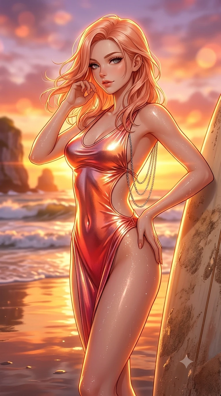 score_9, masterpiece, best quality, ultra-detailed, high-budget anime keyframe, semi-realistic 3D game render, editorial fashion photography, tasteful artistic composition, Japanese woman. close-up cowboy shot from the waist and thighs up, the character dominates the composition, filling the frame with her large presence. gently brushing a lock of salt-kissed hair behind her ear while casting a playful, flirtatious side-gaze with long eyelashes while standing tall beside the surfboard with one hand on her hip, arching her spine with supermodel poise as the setting sun silhouettes her hourglass figure. The background shows a soft-focus rolling sunset surf waves, limestone cove cliffs, and fiery orange evening sky blurred into coral, lavender, and honey bokeh. She has an exceptionally elegant, slender, and willowy female figure with an ultra-slim waist, flat toned midriff, narrow ribcage, and sculpted feminine hips creating an alluring, slim hourglass silhouette without bulk. sharp v-shaped jawline, high-bridge nose, sparkling eyes with hypnotic seductive depth, thick curled eyelashes, glossy parted lips with a natural dewy peach sheen, alluring bedroom-eyes with an enchanting coquettish smile, exuding magnetic siren charisma and sophisticated glamour, flawlessly proportioned anatomical accuracy, strict slender model proportions, natural body alignment, perfectly sculpted long slender limbs, ultra-slim waistline, clean dynamic posture without body distortion. wearing a liquid metallic lamé one-piece swim dress clinging like a second skin with hip-high side cutouts in blazing sunset peach and deep coral crimson, crafted from luxurious metallic lamé that shifts radiance with every step, accented with an open-back drape framed by falling strands of delicate chrome chains, the form-contouring material adhering flawlessly to her sculpted flat midriff and slender torso, emphasizing her long leg lines and perfectly proportioned willowy build. illuminated by mirror-like wet sand bounce and sharp molten-gold rim lighting defining her jawline, flat midriff, and voluptuous hip curves. highly saturated vibrant anime colors, detailed shading with soft gradients, rich glossy textures, high-contrast stereoscopic depth, volumetric dynamic lighting, master piece, 9:16 ratio