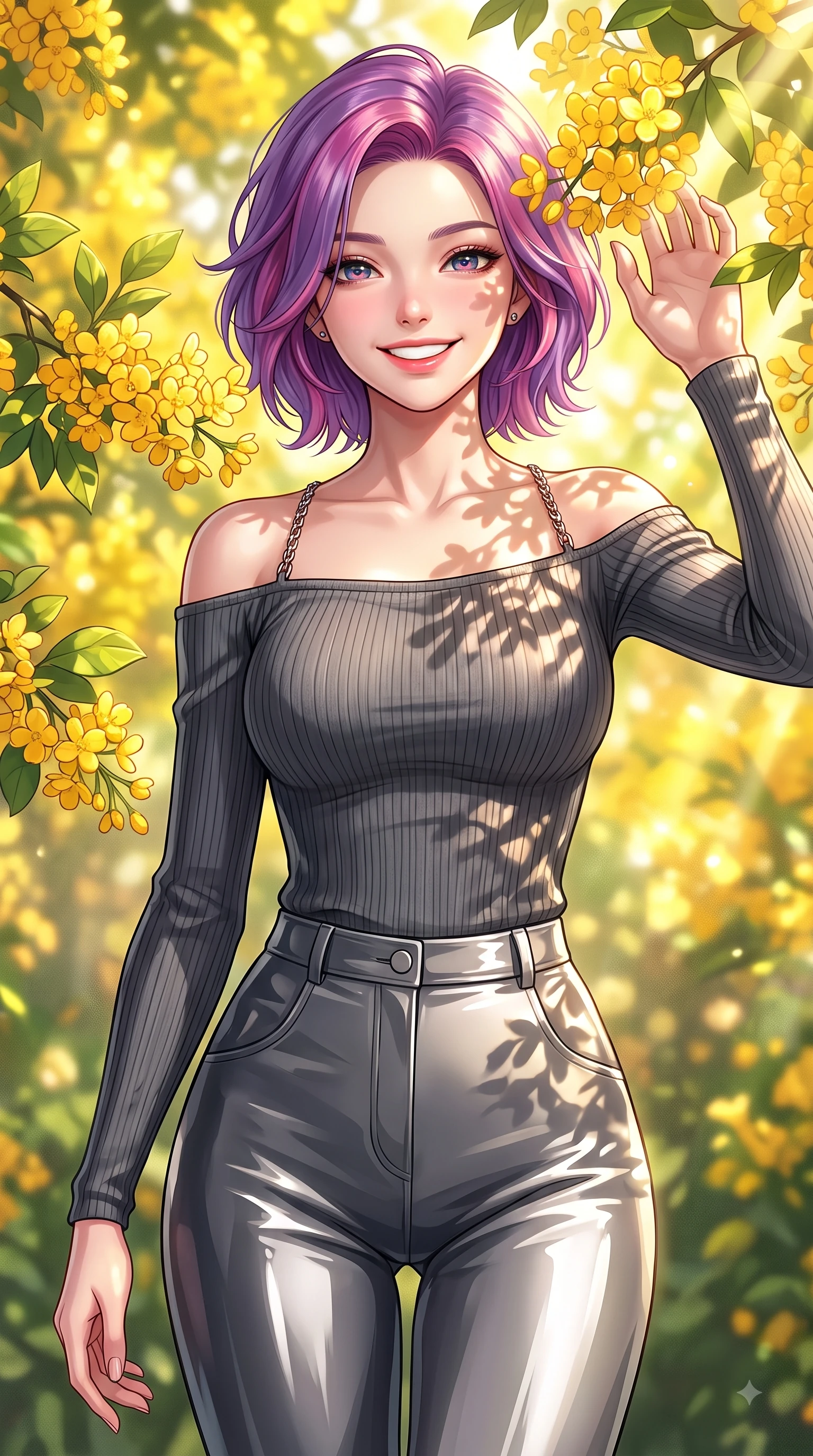 score_9, masterpiece, best quality, ultra-detailed, high-budget anime keyframe, editorial fashion photography, tasteful artistic composition, Caucasian woman. close-up cowboy shot from the waist and thighs up, the character dominates the composition, filling the frame with her large presence, background elements kept in soft focus. Enchanting happy smile, her eyes twinkling like jewels in the bright sunlight as one arm reaches out playfully while resting playfully among golden blossoms as warm sunbeams illuminate her sparkling eyes, bright green leaves and golden petals casting cheerful organic stencil shadows. She has an exceptionally elegant, slender, and willowy female figure with an ultra-slim waist, a gracefully sculpted slender torso, and a refined silhouette. sharp v-shaped jawline, high-bridge nose, intricate jewel-like eyes with depth, thick eyelashes, glossy lips with a natural sheen, flawlessly proportioned anatomical accuracy, natural body alignment, perfectly sculpted elegant limbs, clean dynamic posture without body distortion. wearing a sleek off-shoulder ribbed knit top paired with high-waist tailored pants in charcoal grey and platinum, tailored from high-gloss patent leather, adorned with delicate metallic chain straps along the neckline, the glove-like fit emphasizing her statuesque silhouette during motion. surrounded by a vibrant, uplifting atmosphere filled with golden radiance. highly saturated vibrant anime colors, detailed shading with soft gradients, rich glossy textures, high-contrast stereoscopic depth, volumetric dynamic lighting, master piece, 9:16 ratio