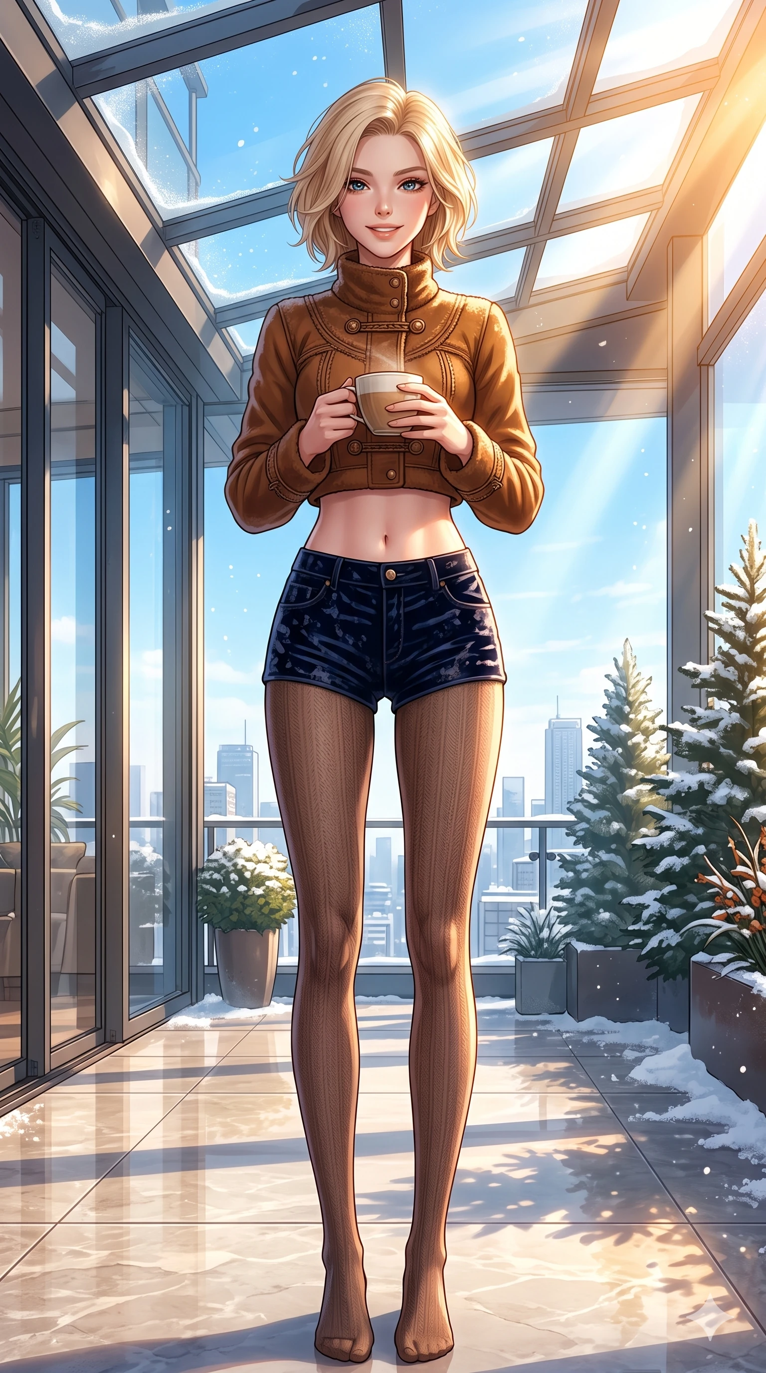 score_9, masterpiece, best quality, ultra-detailed, high-budget anime keyframe, vibrant anime aesthetic, Caucasian woman, strictly human ears. cowboy shot from the thighs up, character and outfit filling the frame for maximum presence. She is holding a warm coffee, smiling warmly under the bright winter sunbeams inside a sun-drenched penthouse terrace at midday in winter (Code-P21-081). She has an absolutely perfect 8-heads proportion, an exceptionally tall and slender female figure with impossibly long slender legs and an ultra-slim waist. V-shaped jawline, high-bridge nose, intricate jewel-like eyes with depth, thick eyelashes, glossy lips with a natural sheen. wearing a cropped jacket showing her exposed midriff and micro-shorts in winter. She is bathed in brilliant, warm autumn sunbeams creating sharp highlights on her form. 2k, ultra detail, master piece, 9:16 ratio