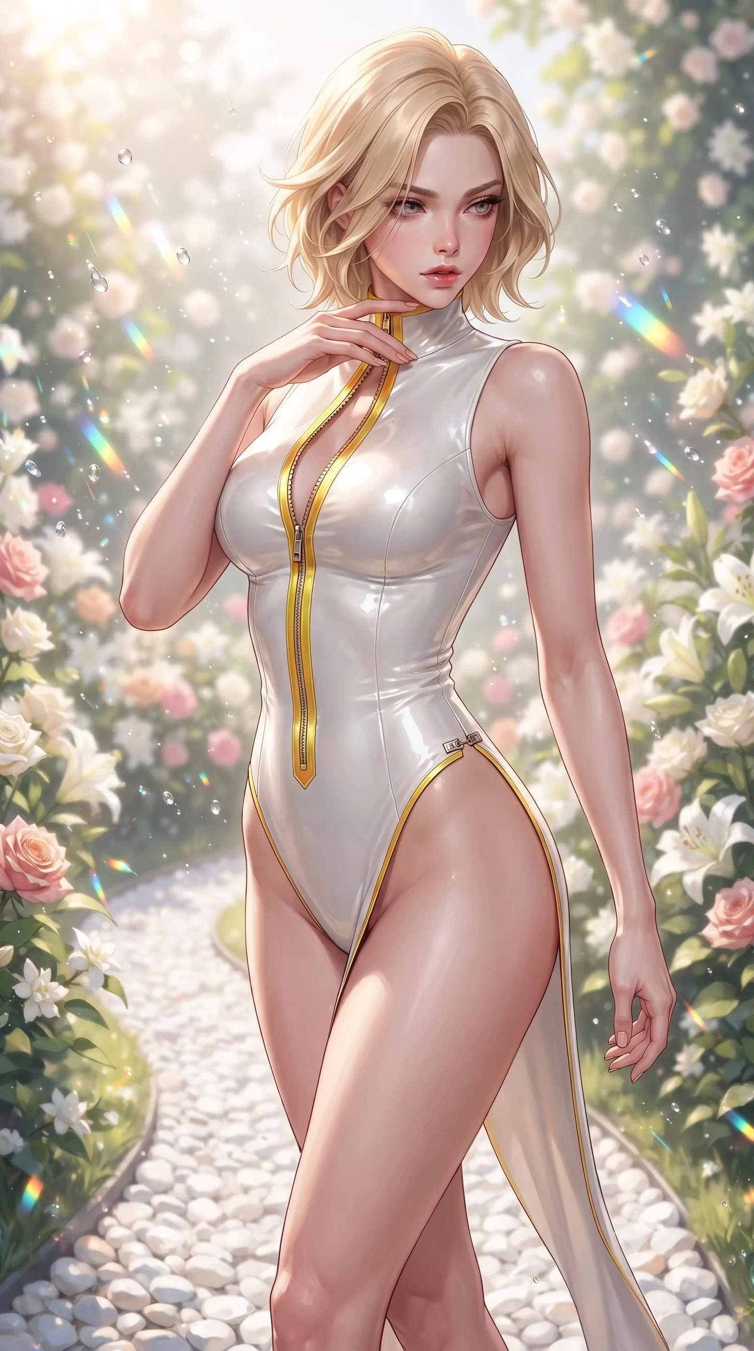 score_9, masterpiece, best quality, ultra-detailed, high-budget anime keyframe, editorial fashion photography, tasteful artistic composition, Caucasian woman. close-up cowboy shot from the waist and thighs up, the character dominates the composition, filling the frame with her large presence. resting her fingers lightly against her throat while looking down with a smoldering, haughty yet intensely captivating glance while stepping gracefully along a white pebble pathway with a magnetic, seductive backward glance into the lens. The composition keeps background elements in soft focus with creamy bokeh. sparkling sunlight water droplets scattering prismatic light motes across a luminous backdrop. She has an exceptionally elegant, slender, and willowy female figure with an ultra-slim waist, a gracefully sculpted slender torso, toned flat midriff, and a refined slim silhouette. sharp v-shaped jawline, high-bridge nose, intricate jewel-like eyes with depth, thick eyelashes, glossy lips with a natural sheen, flawlessly proportioned anatomical accuracy, strict slender model proportions, natural body alignment, perfectly sculpted long slender limbs, ultra-slim waistline, clean dynamic posture without body distortion. wearing a glossy white second-skin latex bodysuit with high-thigh cuts, exposed clavicle neckline, and gleaming zipper details in vibrant sunburst canary yellow and gold trim, formed from high-gloss patent material with specular light reflections, finished with an ultra-high side slit secured by miniature magnetic clasps, the form-contouring material adhering flawlessly to her sculpted flat midriff and slender torso, emphasizing her long leg lines and perfectly proportioned willowy build. surrounded by an opulent, romantic, and breathtakingly fresh floral goddess atmosphere. ultra-reflective glossy finish, specular highlights, metallic sheen, high-contrast stereoscopic depth, volumetric dynamic lighting, 2k, ultra detail, master piece, 9:16 ratio