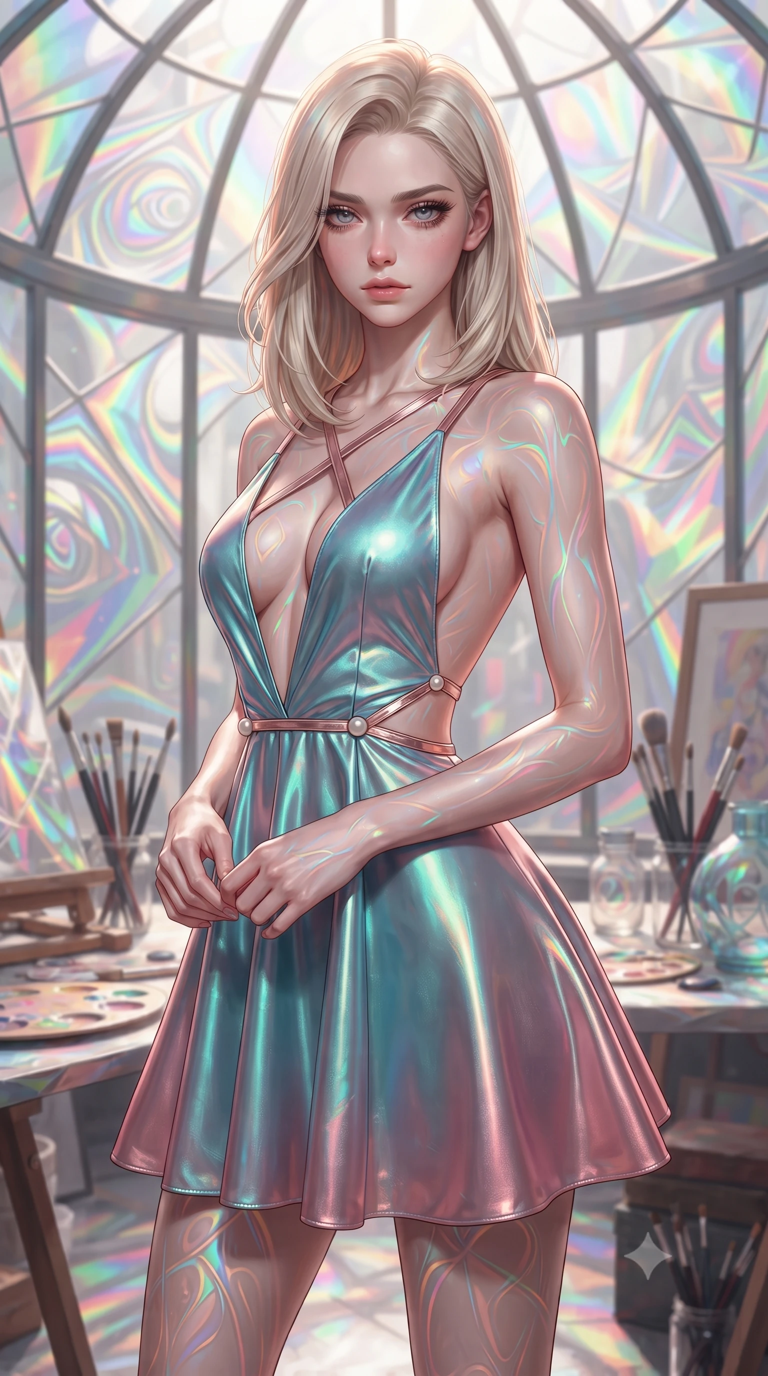 score_9, masterpiece, best quality, ultra-detailed, high-budget anime keyframe, editorial fashion photography, tasteful artistic composition, Caucasian woman. close-up cowboy shot from the waist and thighs up, the character dominates the composition, filling the frame with her large presence, background elements kept in soft focus. Casting a slow, direct gaze beneath heavy lashes with quiet intensity, standing inside a glass-domed art atelier filled with floating liquid opal paint swirls, a kaleidoscope of refractions forming geometric light patterns on her skin. She has an exceptionally elegant, slender, and willowy female figure with an ultra-slim waist, a gracefully sculpted slender torso, and a refined silhouette. sharp v-shaped jawline, high-bridge nose, intricate jewel-like eyes with depth, thick eyelashes, glossy lips with a natural sheen. wearing dramatically scooped backless rose-gold satin mini dress with criss-cross straps in rose-gold pink, made of iridescent turquoise taffeta, adorned with minimalist pearl hardware framing the waistline, accentuating her gracefully sculpted slender torso. illuminated by brilliant multi-color rainbow light refracting through glass. ultra-reflective glossy finish, specular highlights, metallic sheen, high-contrast stereoscopic depth, volumetric dynamic lighting, 2k, ultra detail, master piece, 9:16 ratio