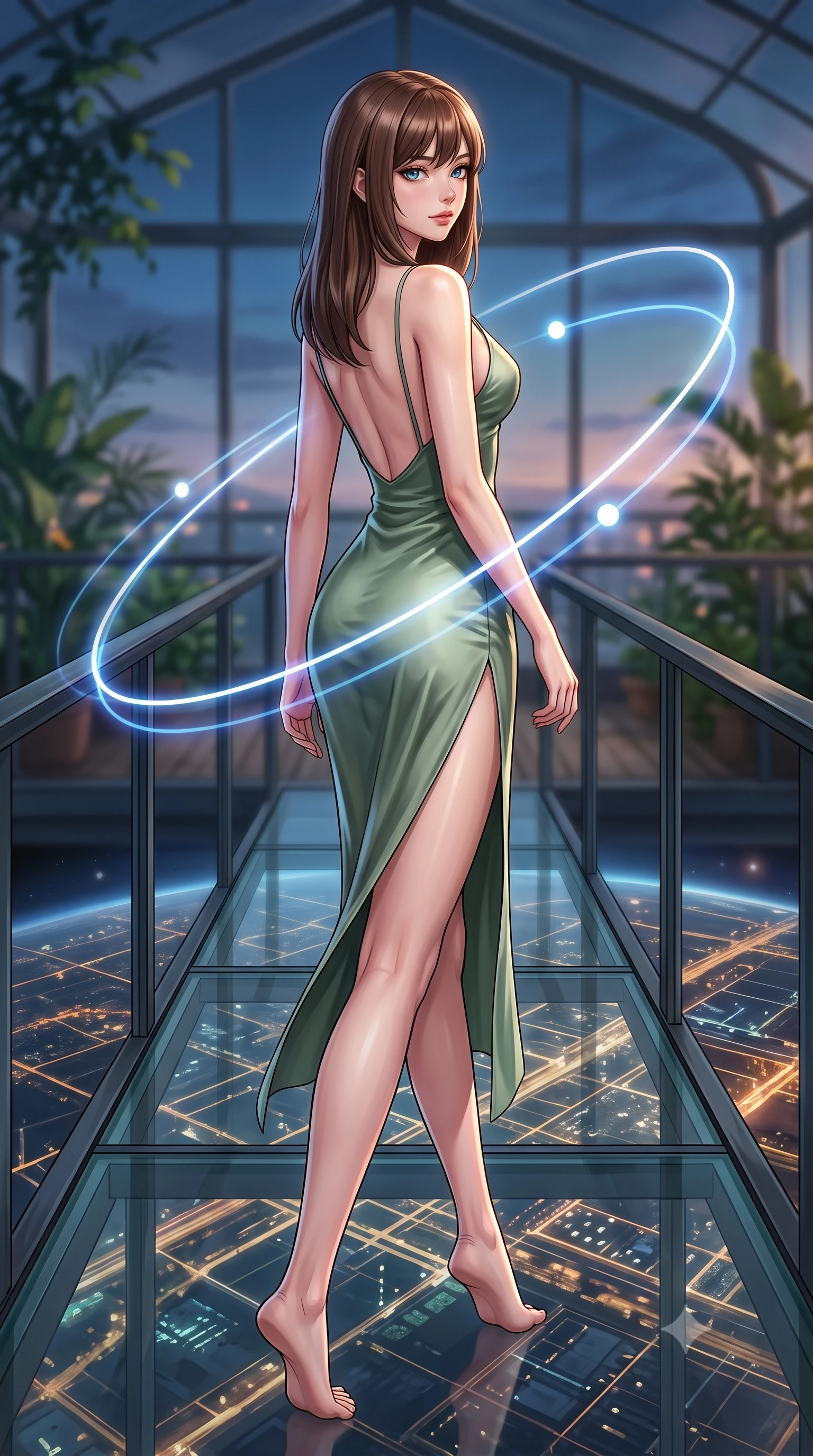 score_9, masterpiece, best quality, ultra-detailed, high-budget anime keyframe, editorial fashion photography, tasteful artistic composition, Korean woman. low angle full-body shot from head to toe showing her feet, filling the entire 9:16 vertical frame with her statuesque presence, stretching her vertical silhouette. walking slowly along a glass skybridge, looking back over her shoulder with an air of effortless grace, the background shows a soft-focus a greenhouse balcony overlooking the glowing grid of a planetary dock yard. She has an absolutely perfect, statuesque 8.5-heads proportion, an exceptionally tall and slender model-like female figure with impossibly long slender legs and an ultra-slim waist. sharp v-shaped jawline, high-bridge nose, intricate jewel-like eyes with depth, thick eyelashes, glossy lips with a natural sheen. wearing a body-hugging lightweight silk combat slip dress in sage green, featuring a high side slit and a low-cut back. glittering blue and white orbital dock lights tracing her silhouette. highly saturated vibrant anime colors, detailed shading with soft gradients, rich glossy textures, high-contrast stereoscopic depth, volumetric dynamic lighting, master piece, 9:16 ratio