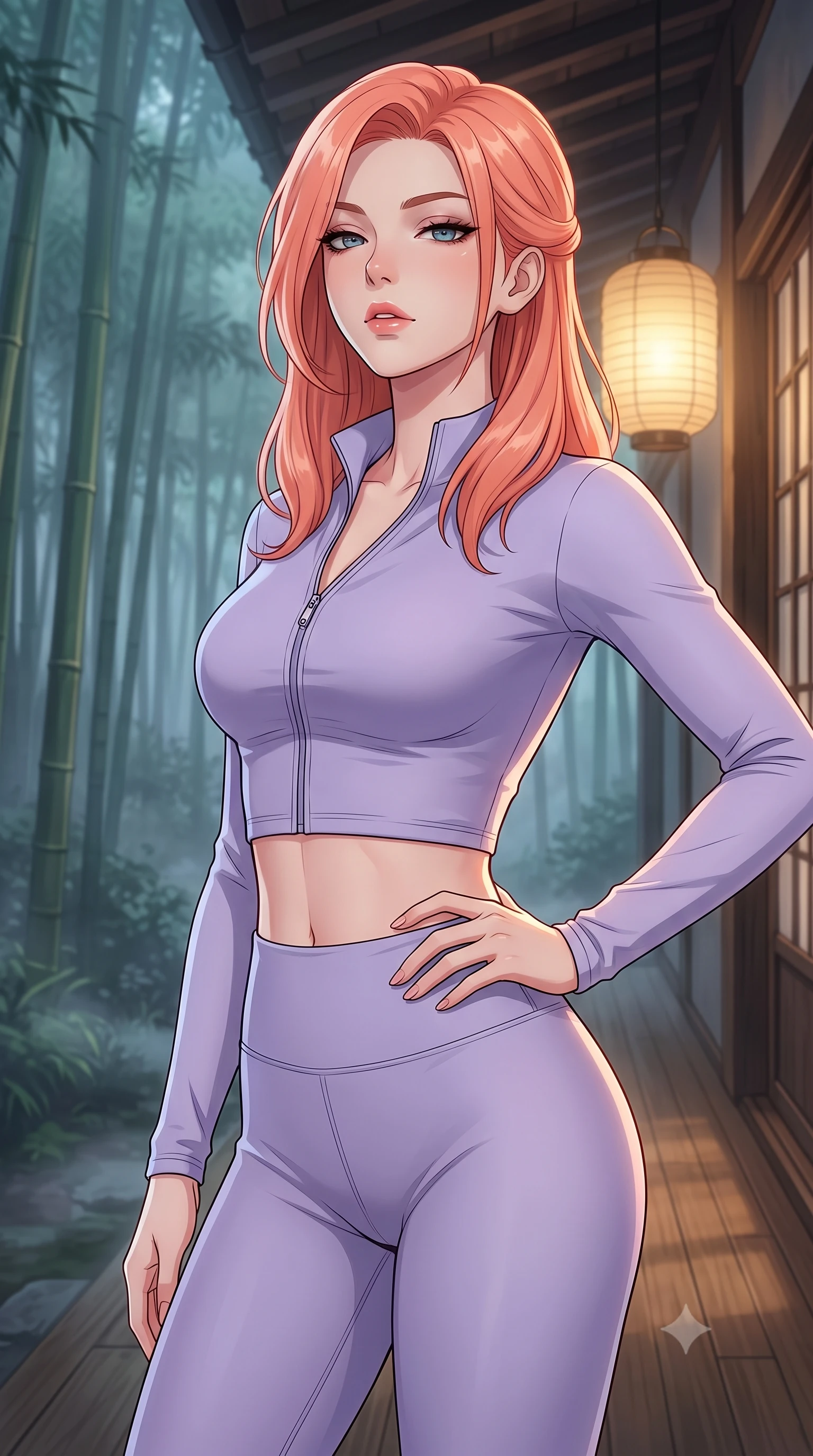 score_9, masterpiece, best quality, ultra-detailed, high-budget anime keyframe, tasteful artistic composition, Japanese woman. close-up cowboy shot from the waist and thighs up, the character dominates the composition, filling the frame with her large presence, background elements kept in soft focus. tilting her chin up slightly with lips parted in a composed, provocative expression the background shows a soft-focus the wooden veranda of a traditional house facing a misty bamboo grove at midnight. She has an exceptionally elegant, slender, and willowy female figure with an ultra-slim waist, a gracefully sculpted slender torso, and a refined silhouette. sharp v-shaped jawline, high-bridge nose, intricate jewel-like eyes with depth, thick eyelashes, glossy lips with a natural sheen. wearing a tailored body-hugging activewear set of a tailored zip-up long-sleeve crop top and matching high-waisted leggings in soft lavender. soft morning mist diffusing the warm light of a paper lantern. highly saturated vibrant anime colors, cel-shading, 2d style, master piece, 9:16 ratio