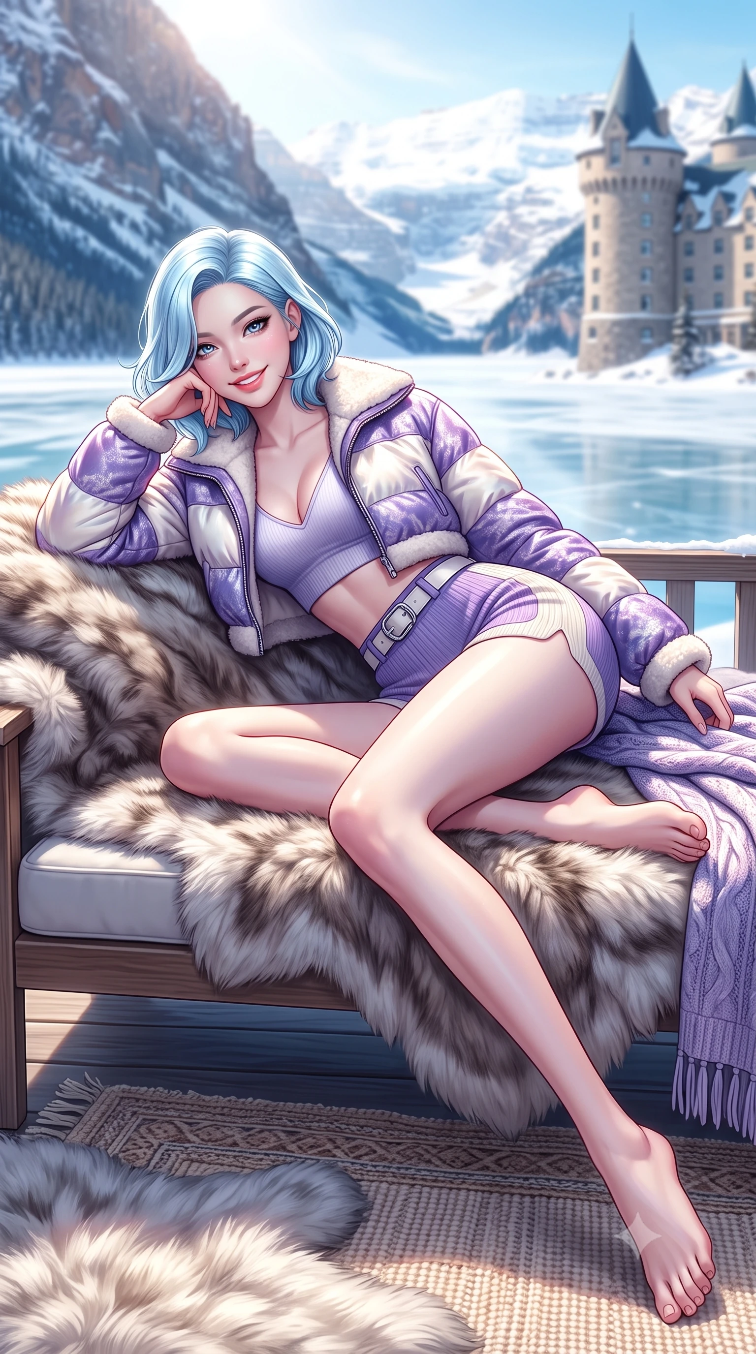 score_9, masterpiece, best quality, ultra-detailed, high-budget anime keyframe, semi-realistic 3D game render, editorial fashion photography, tasteful artistic composition, Korean woman. low angle full-body shot from head to toe showing her feet, filling the entire 9:16 vertical frame with her statuesque presence, stretching her vertical silhouette. reclining languidly on her side across the fur-draped daybed with one knee drawn up, her radiant smile and arched hip curve commanding the 9:16 vertical frame with youthful sensual charisma while twisting her slender torso in an alluring contrapposto stance, mountain breezes fluttering her luxurious knitwear around her slender legs and hips. The composition keeps background elements in soft focus with dreamy creamy bokeh. the fairytale stone turrets of Fairmont Chateau Lake Louise softened in Canadian Rockies shallow focus. She has an exceptionally tall and slender model-like 8.5-heads proportion, an ultra-slim waist, a flat toned midriff, narrow delicate ribcage, and beautifully sculpted feminine hips creating a graceful, slim hourglass silhouette without any bulky heaviness, with impossibly long slender legs. sharp v-shaped jawline, high-bridge nose, sparkling ice-crystal eyes with depth, frosty thick lashes, glossy parted lips with a rosy berry sheen, bright playful smile with an intoxicating seductive glint, rosy flushed cheeks radiating cozy warmth and dangerous allure, flawlessly proportioned anatomical accuracy, strict slender model proportions, natural body alignment, perfectly sculpted long slender limbs, ultra-slim waistline, clean dynamic posture without body distortion. wearing a cropped shearling-lined puffer jacket worn over a tight plunge camisole and tailored hot-pants in frosty lilac violet and pearlescent ivory, tailored from fine lightweight merino wool rib knit with structural contouring, accented with a sleek leather belt with polished silver buckle cinching her narrow waist, the precision-cut side openings and low-back scoop framing her graceful spine and the sensual sweep of her slim, toned hips. bathed in brilliant Canadian mountain sunlight reflecting off the vast frozen glacier basin. highly saturated vibrant anime colors, detailed shading with soft gradients, rich glossy textures, high-contrast stereoscopic depth, volumetric dynamic lighting, master piece, 9:16 ratio