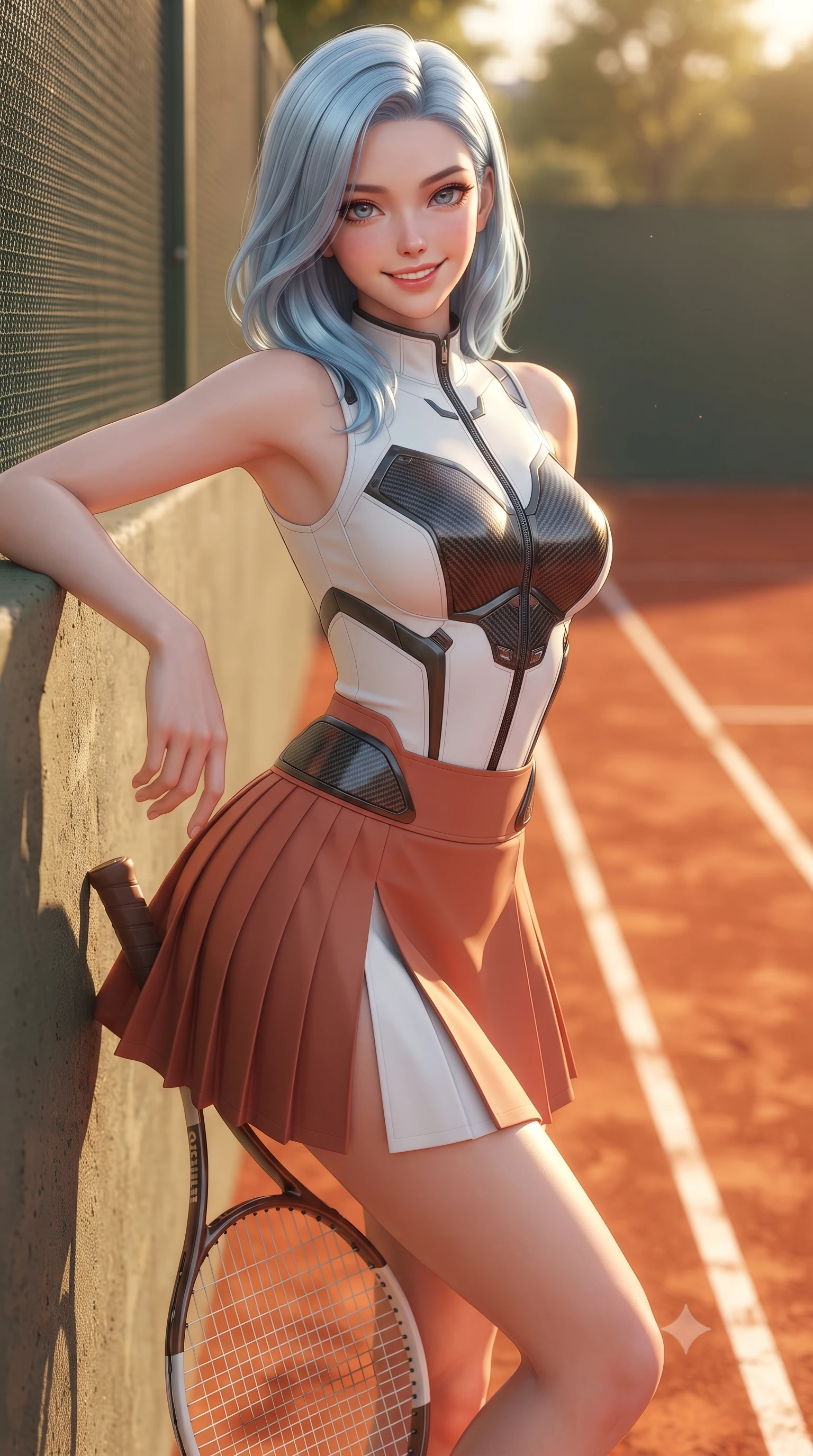 score_9, masterpiece, best quality, ultra-detailed, high-budget anime keyframe, editorial fashion photography, tasteful artistic composition, Korean woman. close-up cowboy shot from the waist and thighs up, the character dominates the composition, filling the frame with her large presence. leaning back against the pit wall with relaxed seductive grace, her flat midriff and narrow waist highlighted as sunlight traces her curves while twisting her slender torso in an alluring contrapposto stance, holding a classic racket while warm Paris afternoon breezes flutter her skirt. The surrounding environment is rendered in vivid detail and crisp panoramic clarity: sharp crushed brick clay grain, white painted baseline tape, and racket string tension clarity in deep focus. She has an exceptionally elegant, slender, and willowy female figure with an ultra-slim waist, flat toned midriff, narrow ribcage, and sculpted feminine hips creating an alluring, slim hourglass silhouette without bulk. sharp v-shaped jawline, high-bridge nose, sparkling eyes with athletic focus and depth, thick curled eyelashes, glossy parted lips with a natural coral-peach sheen, bright confident and coquettish smile with alluring bedroom-eyes, exuding both youthful sporty vigor and sovereign high-society glamour, flawlessly proportioned anatomical accuracy, strict slender model proportions, natural body alignment, perfectly sculpted long slender limbs, ultra-slim waistline, clean dynamic posture without body distortion. wearing a sleeveless high-collar racing bodysuit with carbon-fiber chestplate accents and a pleated wrap tennis skirt with side hip slit in classic clay-court terracotta and cloud white, tailored from crisp cotton poplin with clean aerodynamic structural lines, accented with sleek aerodynamic carbon-fiber hip pads framing her narrow waist, the high-waisted wrap tailoring accentuating her ultra-slim waistline and the enchanting curve of her feminine hips with alluring sporty charm. bathed in glowing late-afternoon Paris golden hour light warming the orange clay surfaces. ultra-reflective glossy finish, specular highlights, rich textural contrasts, high-contrast stereoscopic depth, volumetric dynamic lighting, 2k, ultra detail, master piece, 9:16 ratio
